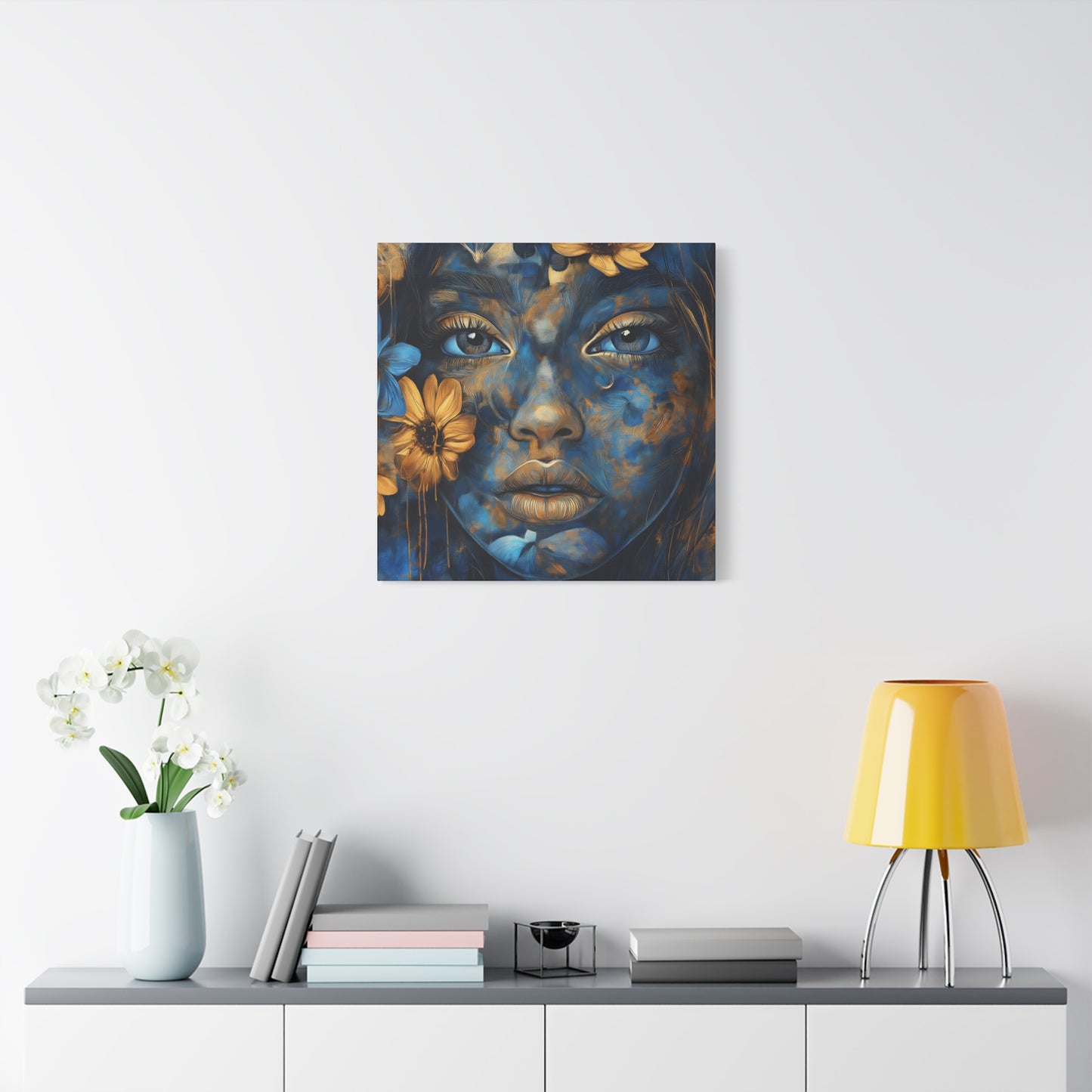 Stunning Digital Art Matte Canvas - Floral Ethereal Beauty in Blue & Gold - 1.25” Stretched Canvas