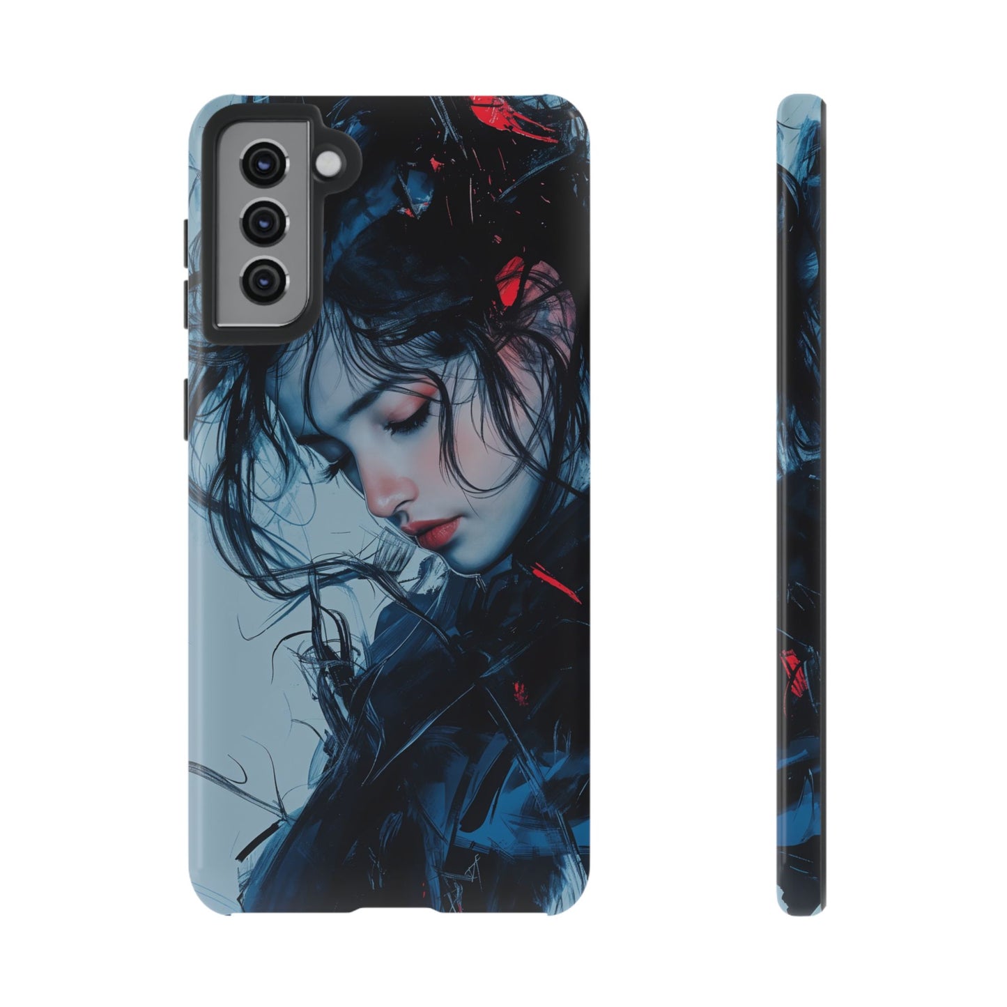 Protective Phone Case – Dual Layer Blue & Red Abstract Portrait Design