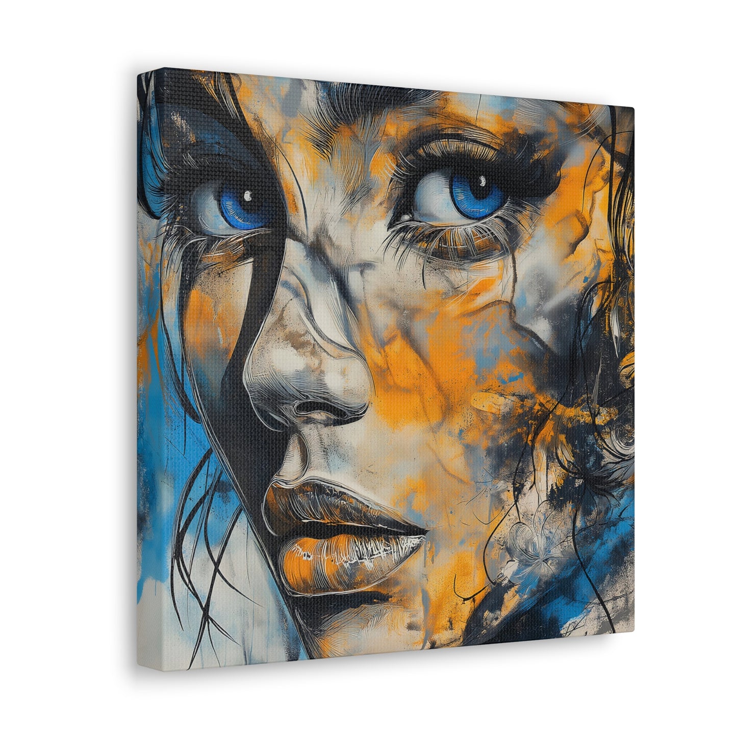 Vibrant Gaze: Blue and Gold Abstract Portrait – Canvas Gallery Wrap