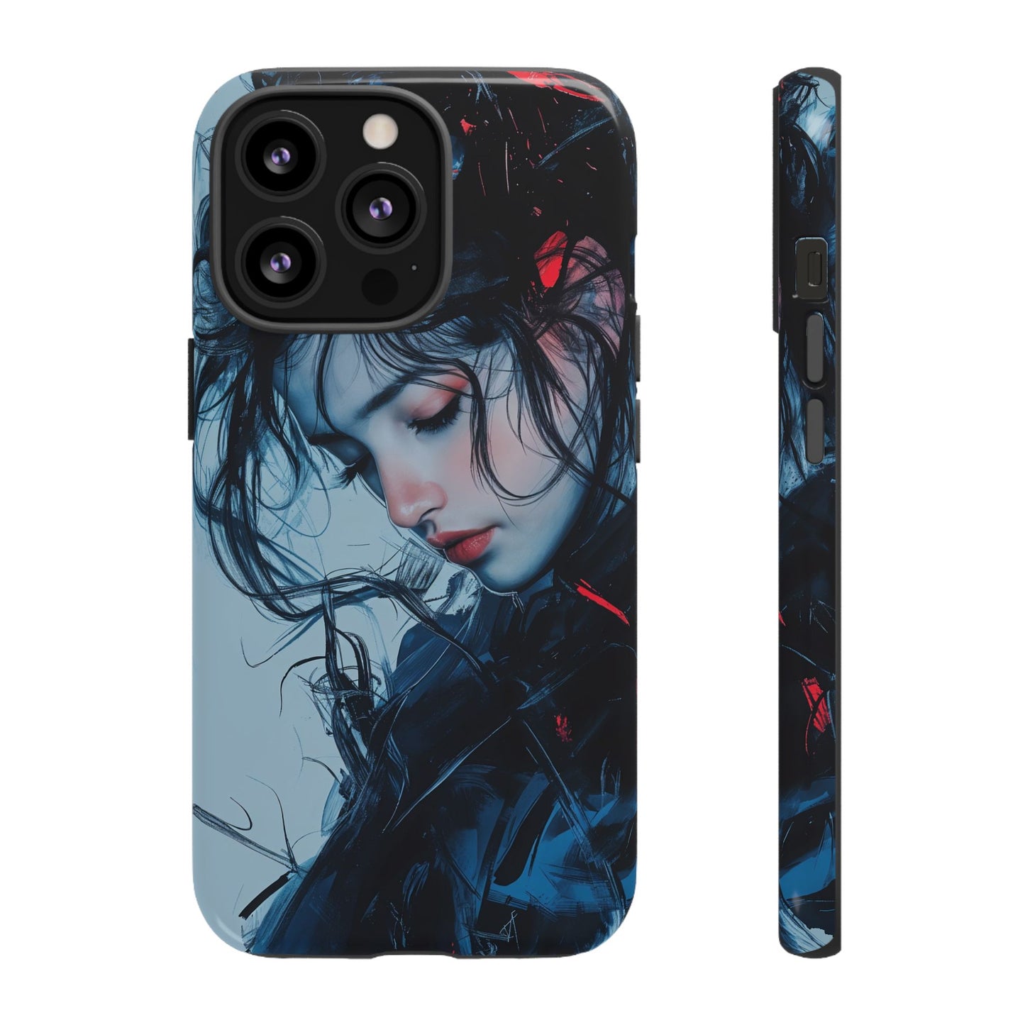 Protective Phone Case – Dual Layer Blue & Red Abstract Portrait Design