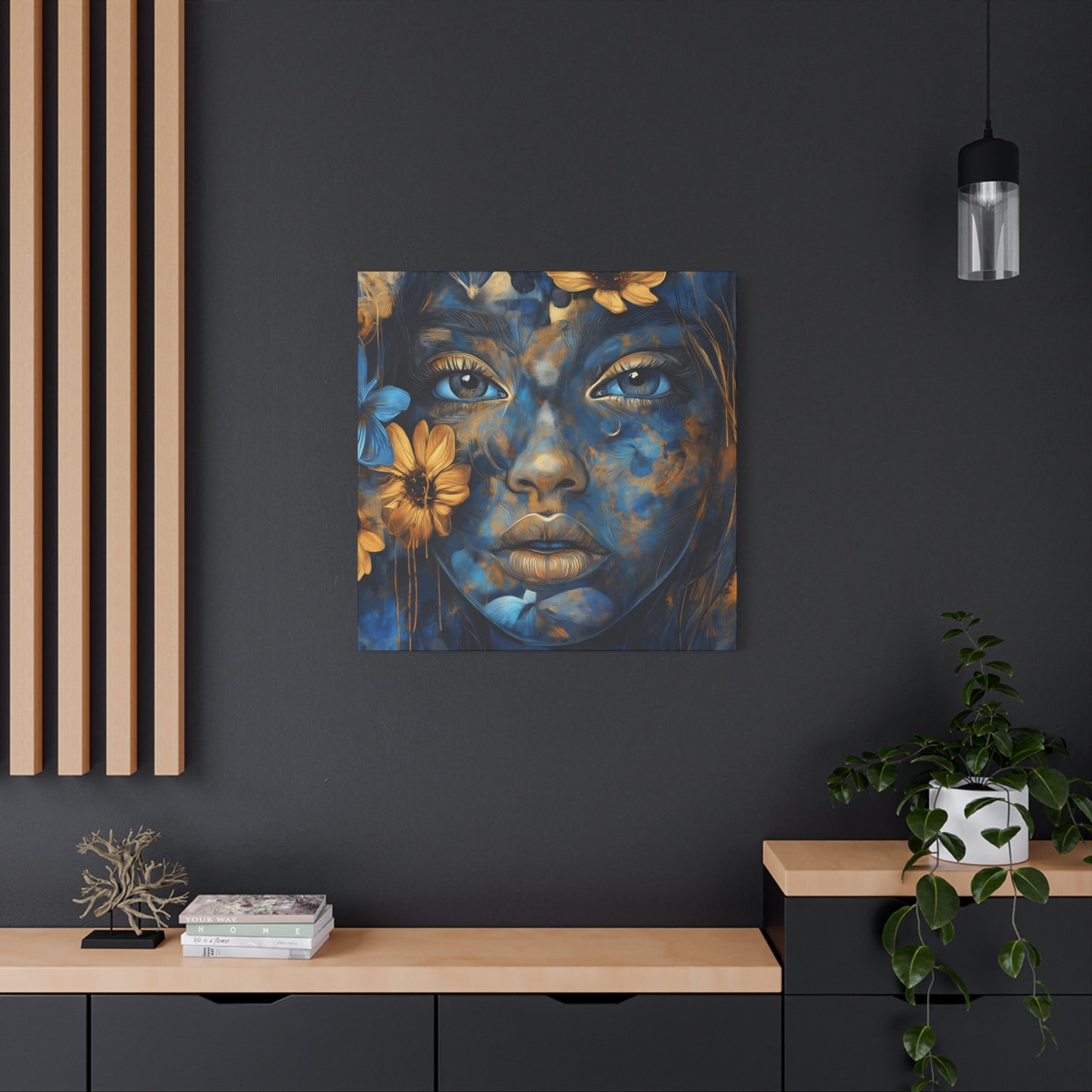 Stunning Digital Art Matte Canvas - Floral Ethereal Beauty in Blue & Gold - 1.25” Stretched Canvas