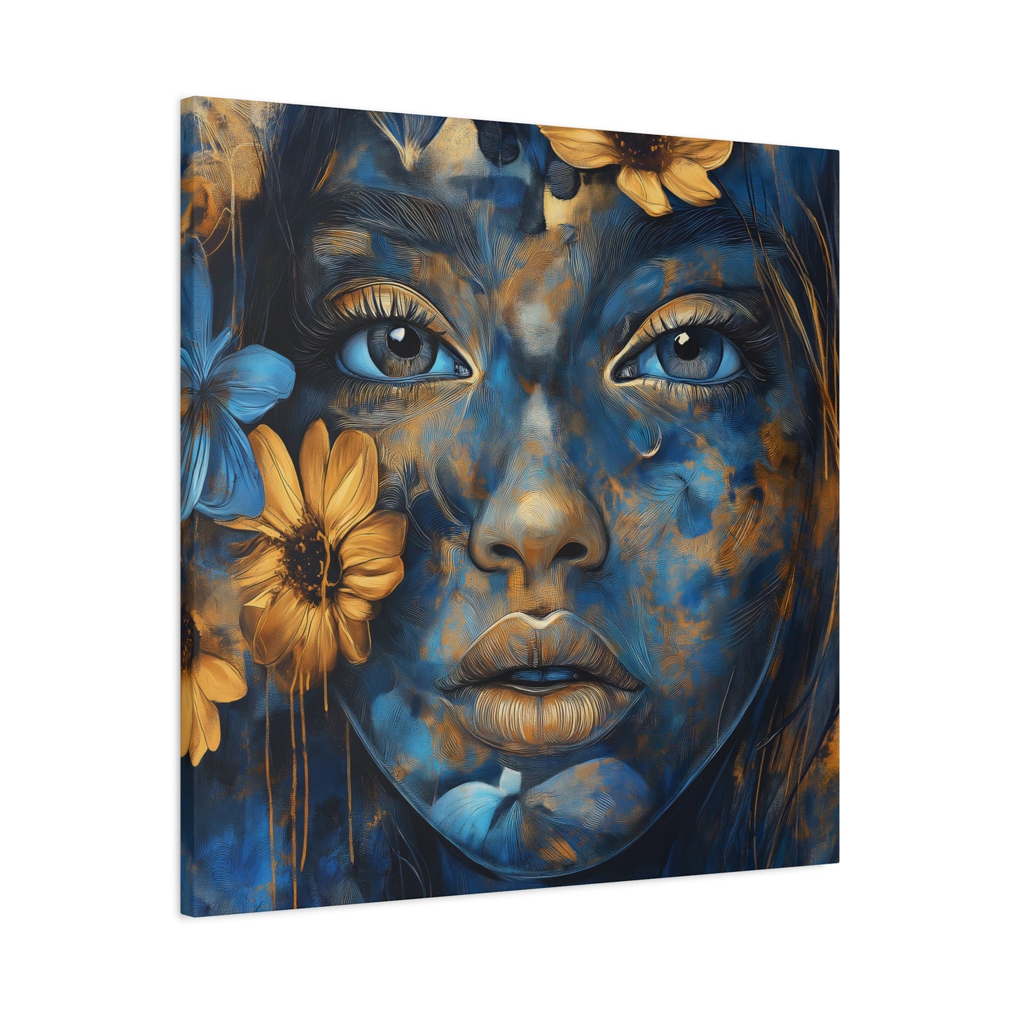 Stunning Digital Art Matte Canvas - Floral Ethereal Beauty in Blue & Gold - 1.25” Stretched Canvas