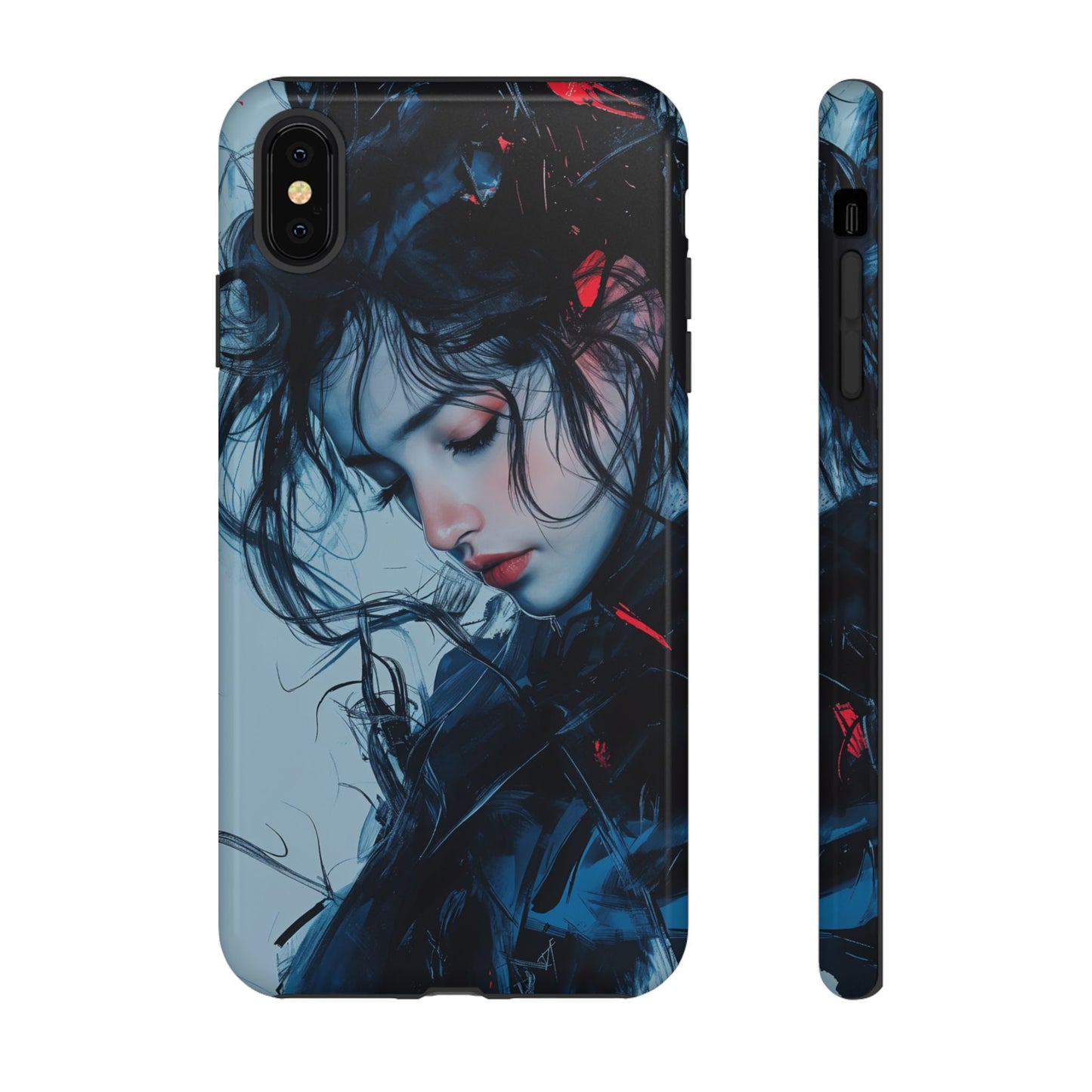 Protective Phone Case – Dual Layer Blue & Red Abstract Portrait Design