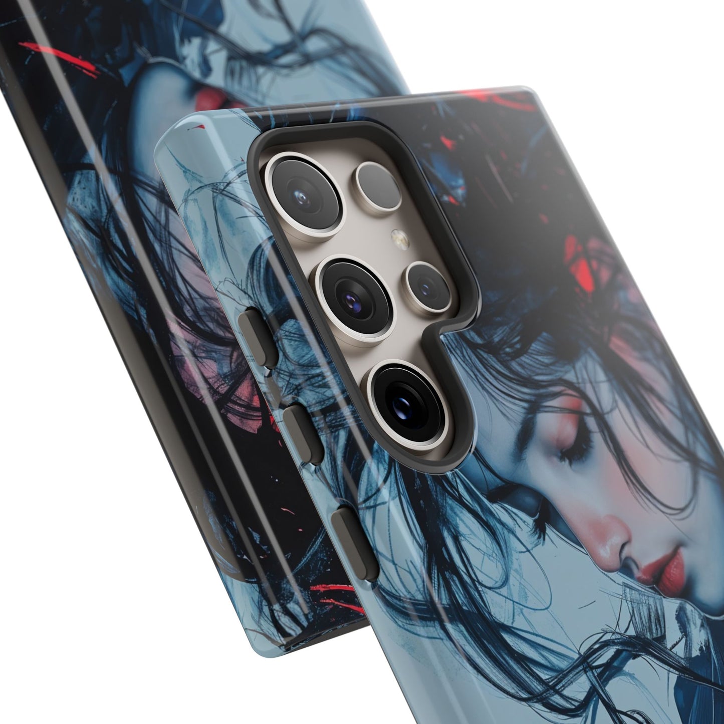 Protective Phone Case – Dual Layer Blue & Red Abstract Portrait Design