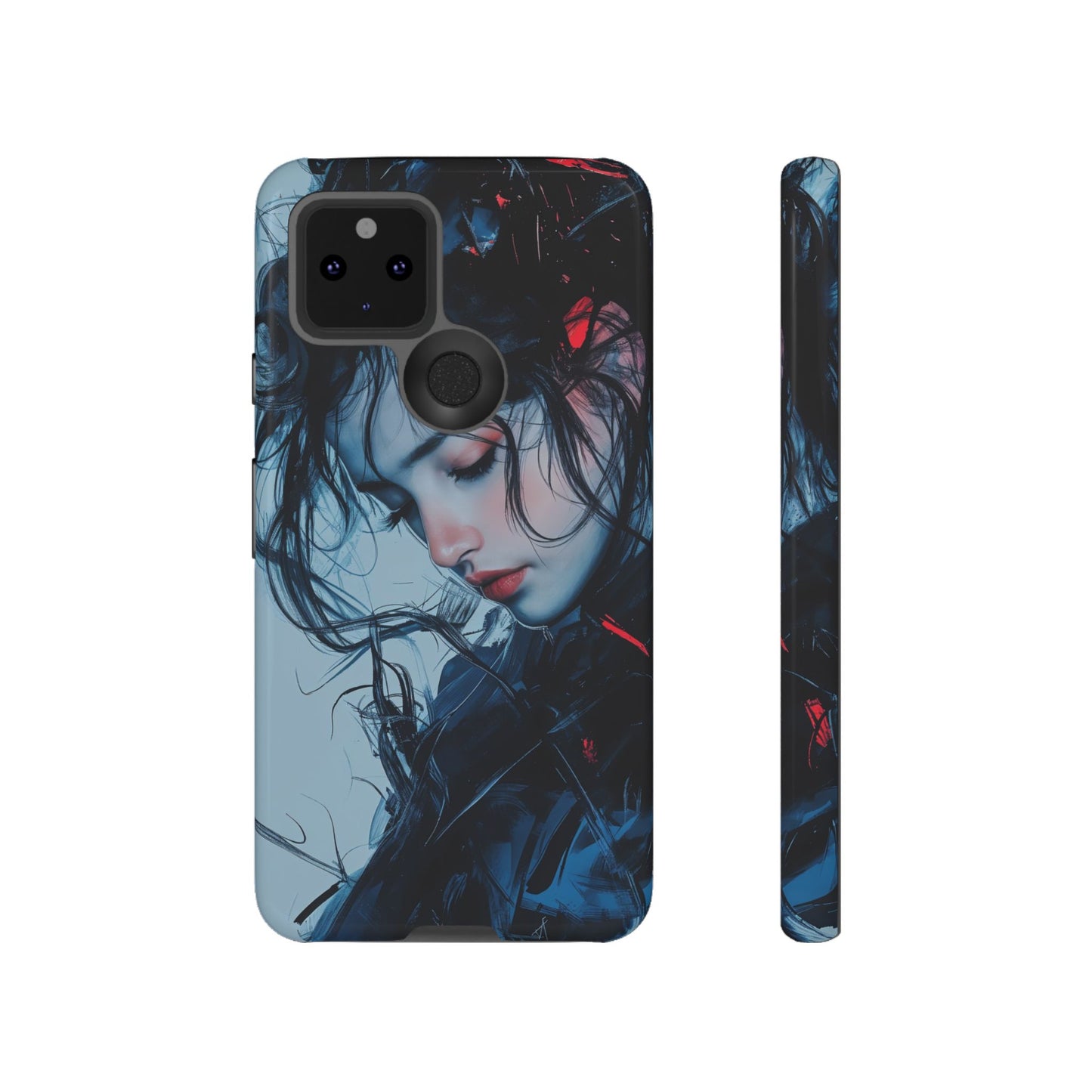 Protective Phone Case – Dual Layer Blue & Red Abstract Portrait Design