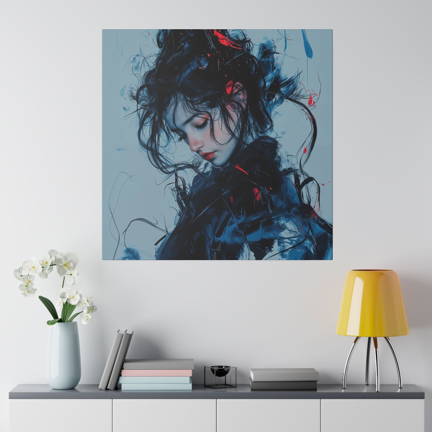 Serenity in Motion: Abstract Blue and Red Portrait Canvas