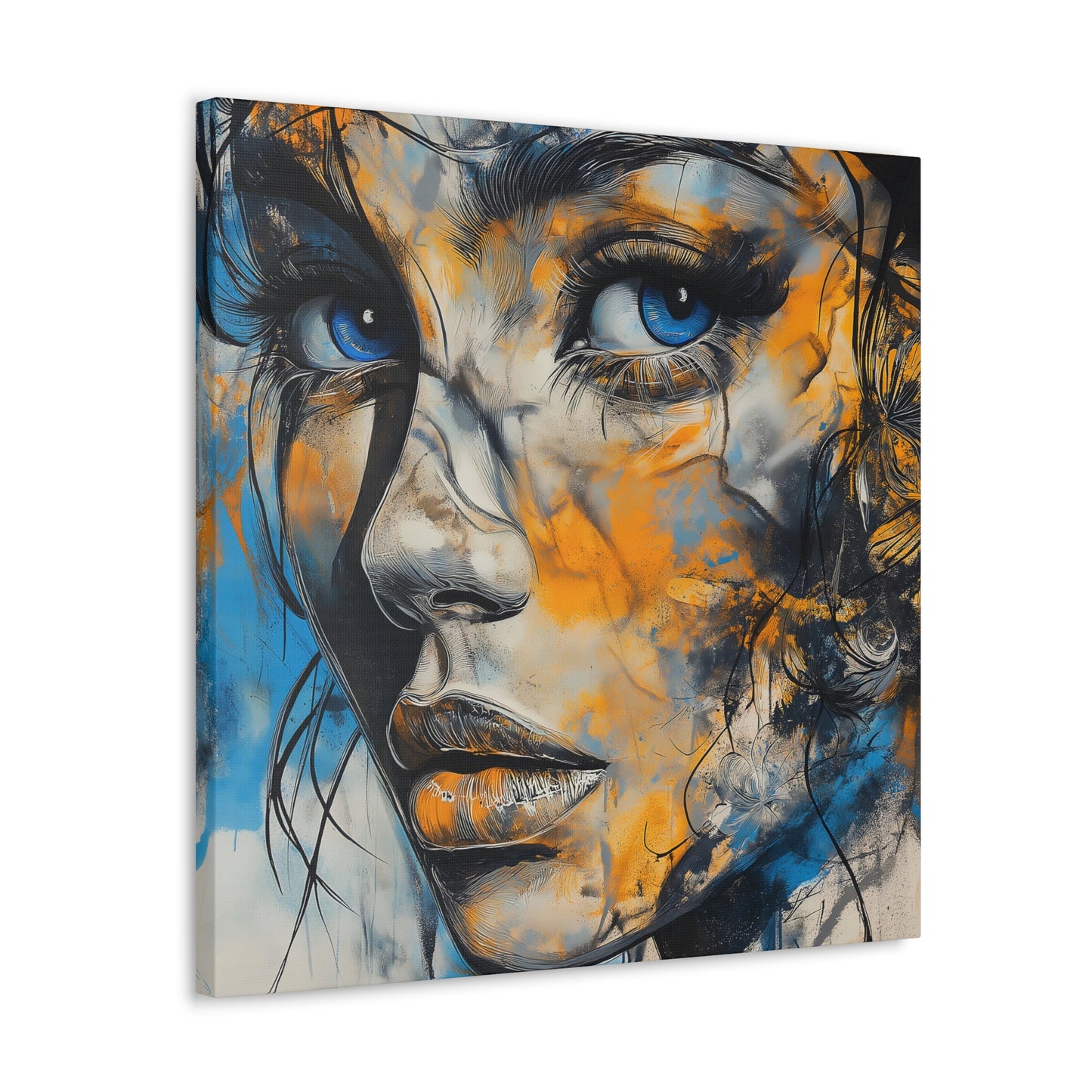 Vibrant Gaze: Blue and Gold Abstract Portrait – Canvas Gallery Wrap