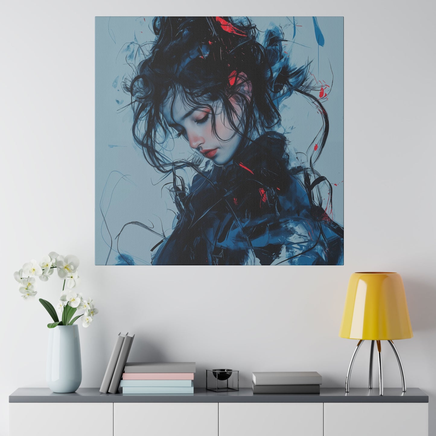 Serenity in Motion: Abstract Blue and Red Portrait Canvas