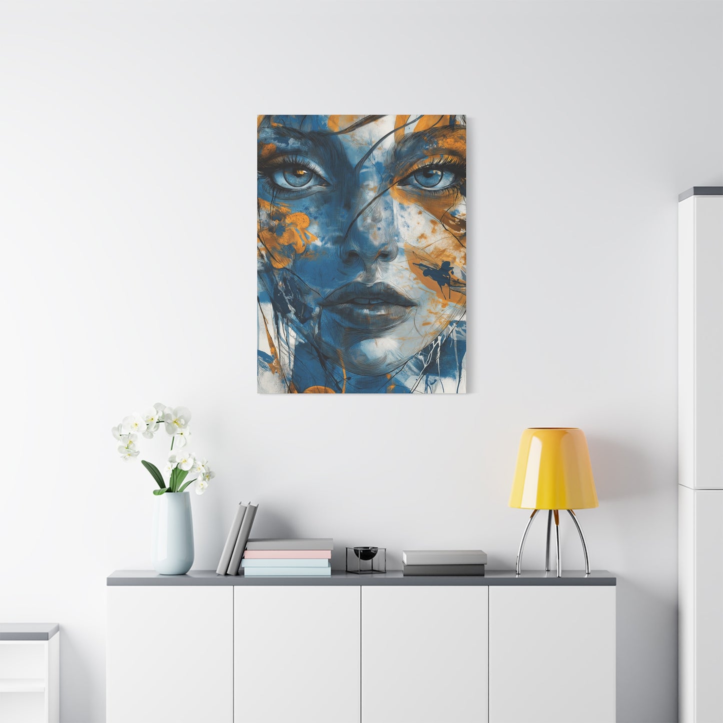 Echoes of Serenity: Blue and Orange Abstract Portrait Canvas