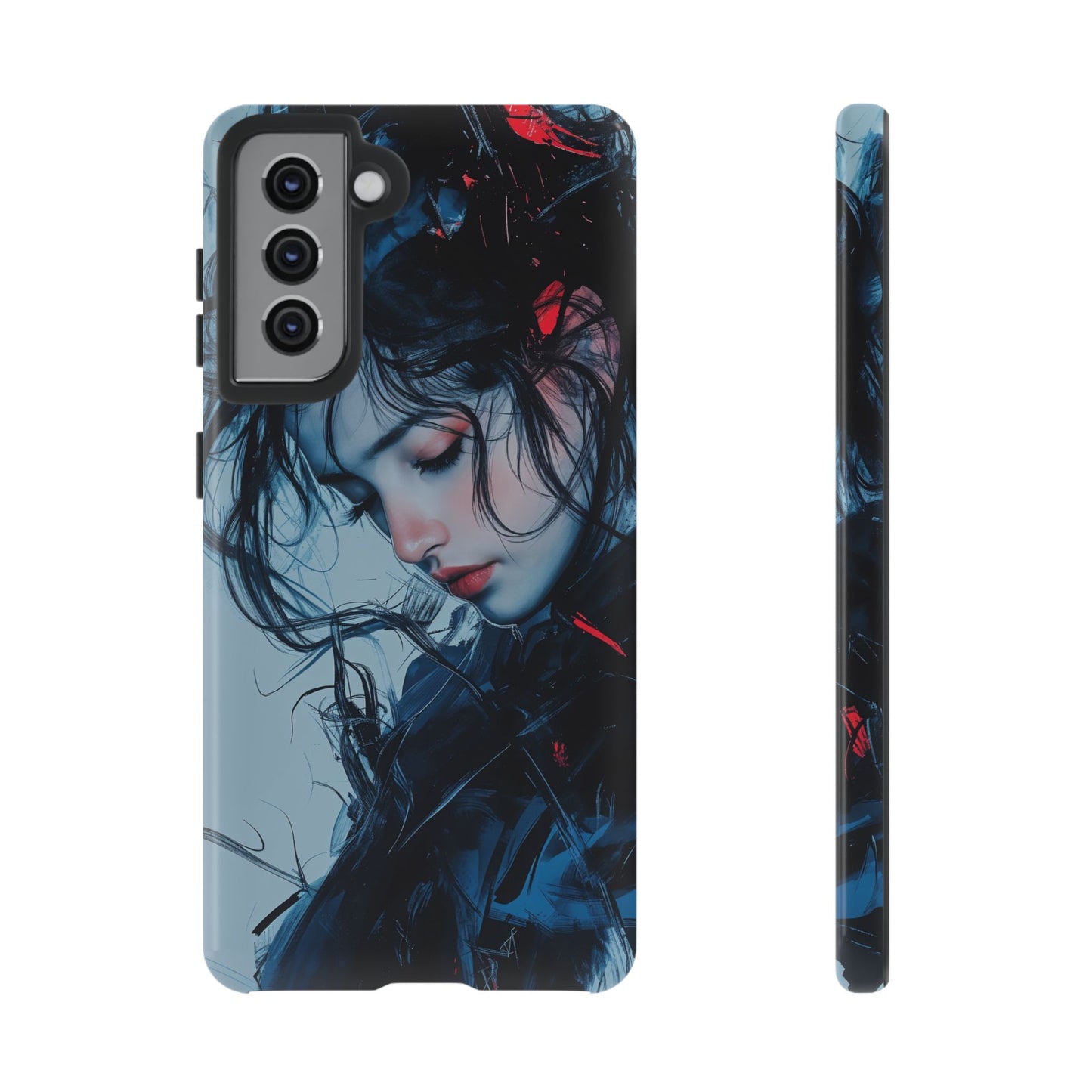 Protective Phone Case – Dual Layer Blue & Red Abstract Portrait Design