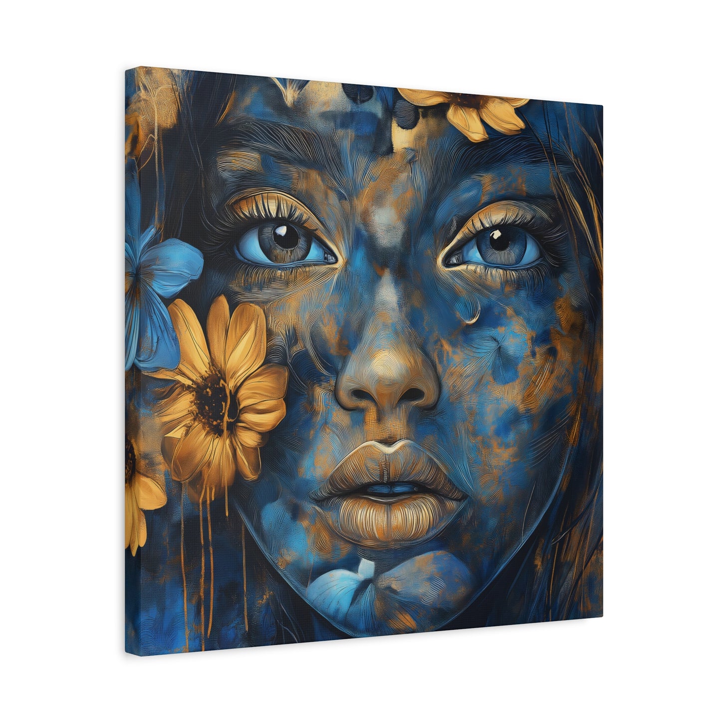 Stunning Digital Art Matte Canvas - Floral Ethereal Beauty in Blue & Gold - 1.25” Stretched Canvas