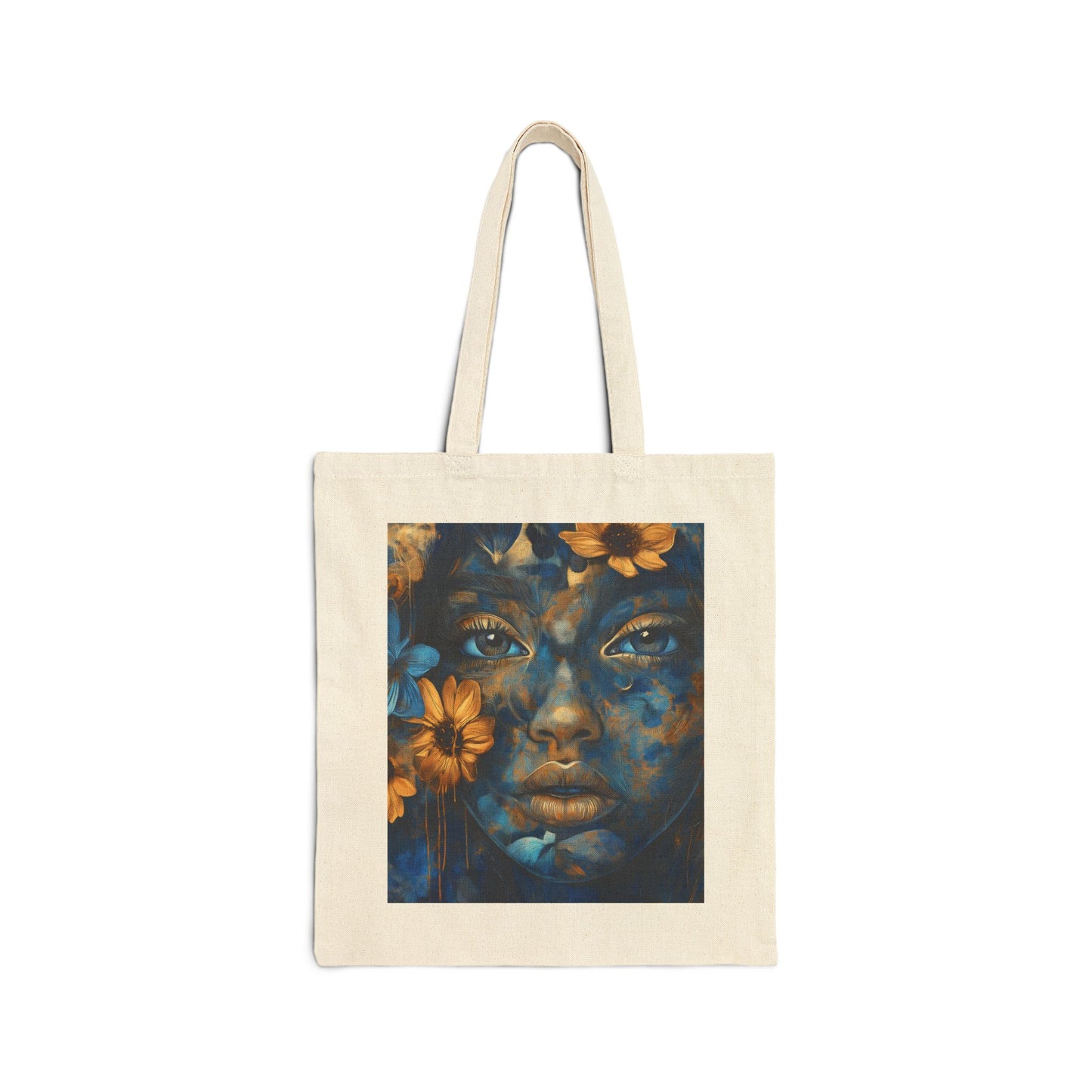 Blue & Gold Floral Abstract Cotton Canvas Tote Bag – Durable & Stylish