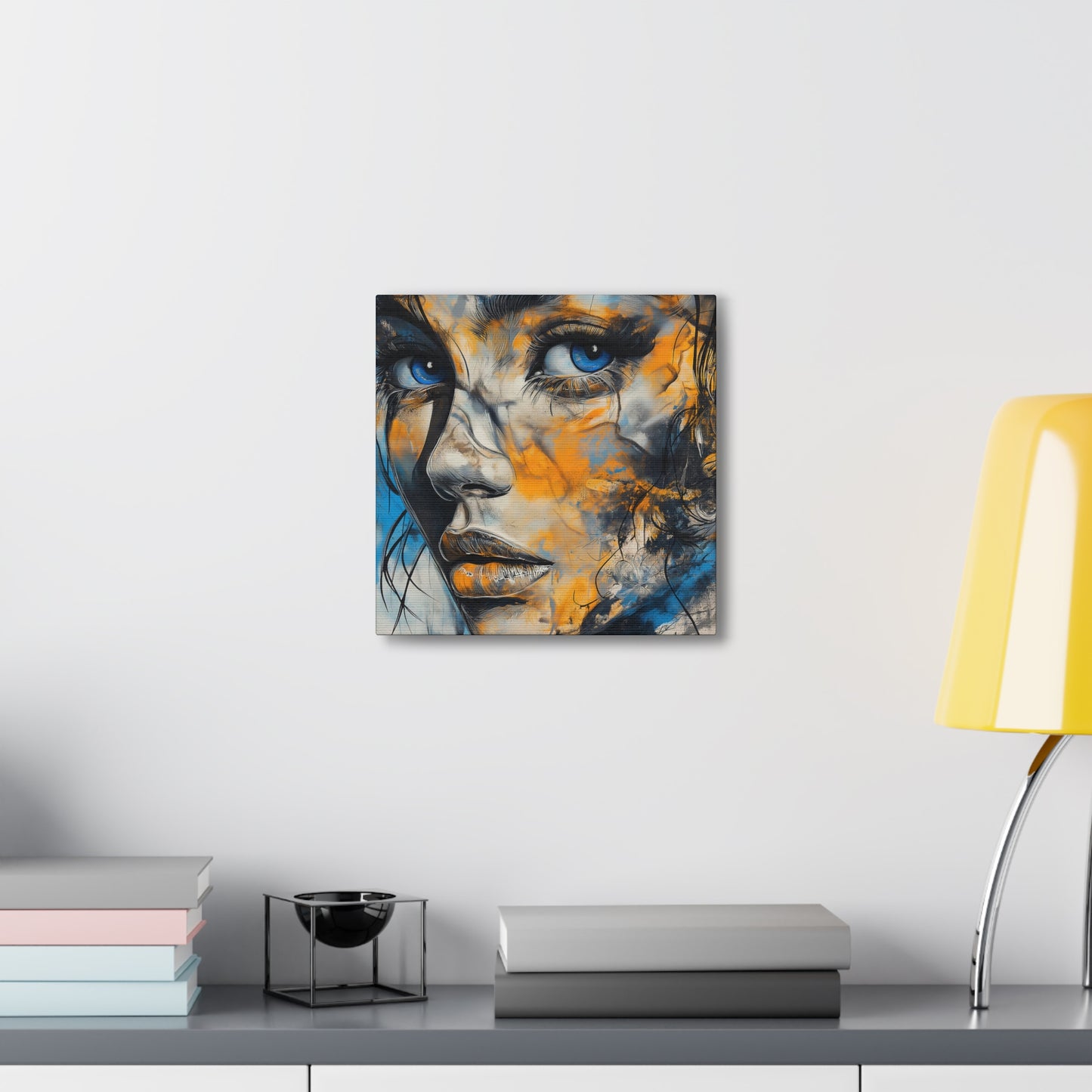 Vibrant Gaze: Blue and Gold Abstract Portrait – Canvas Gallery Wrap