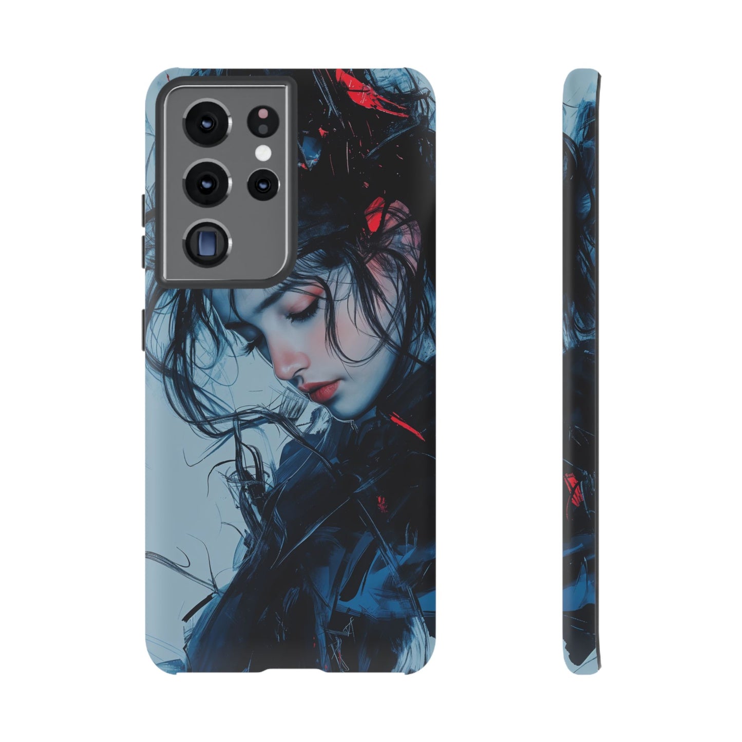 Protective Phone Case – Dual Layer Blue & Red Abstract Portrait Design