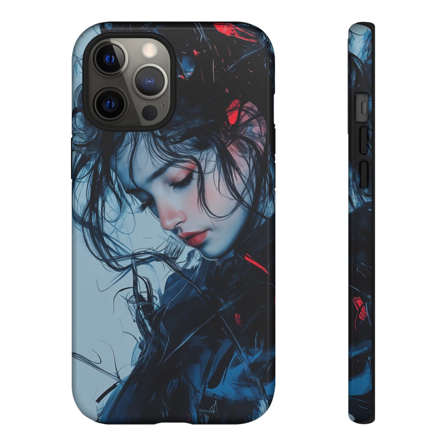 Protective Phone Case – Dual Layer Blue & Red Abstract Portrait Design