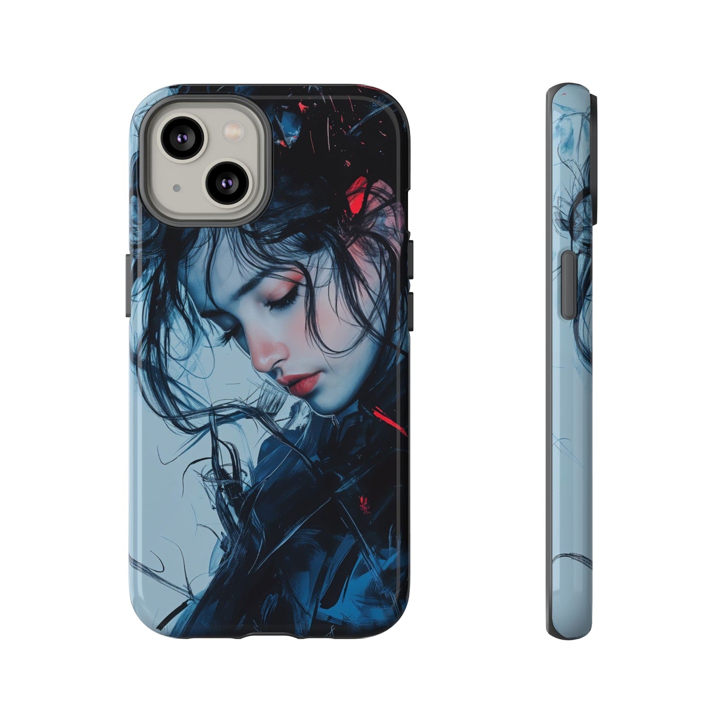 Protective Phone Case – Dual Layer Blue & Red Abstract Portrait Design