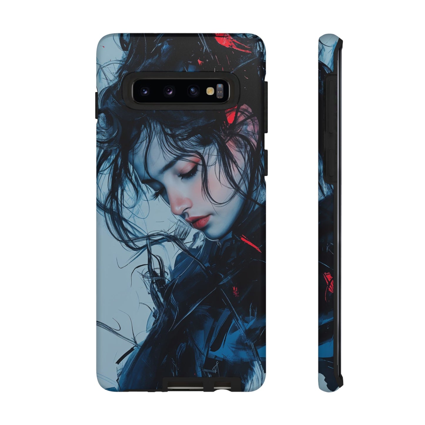 Protective Phone Case – Dual Layer Blue & Red Abstract Portrait Design