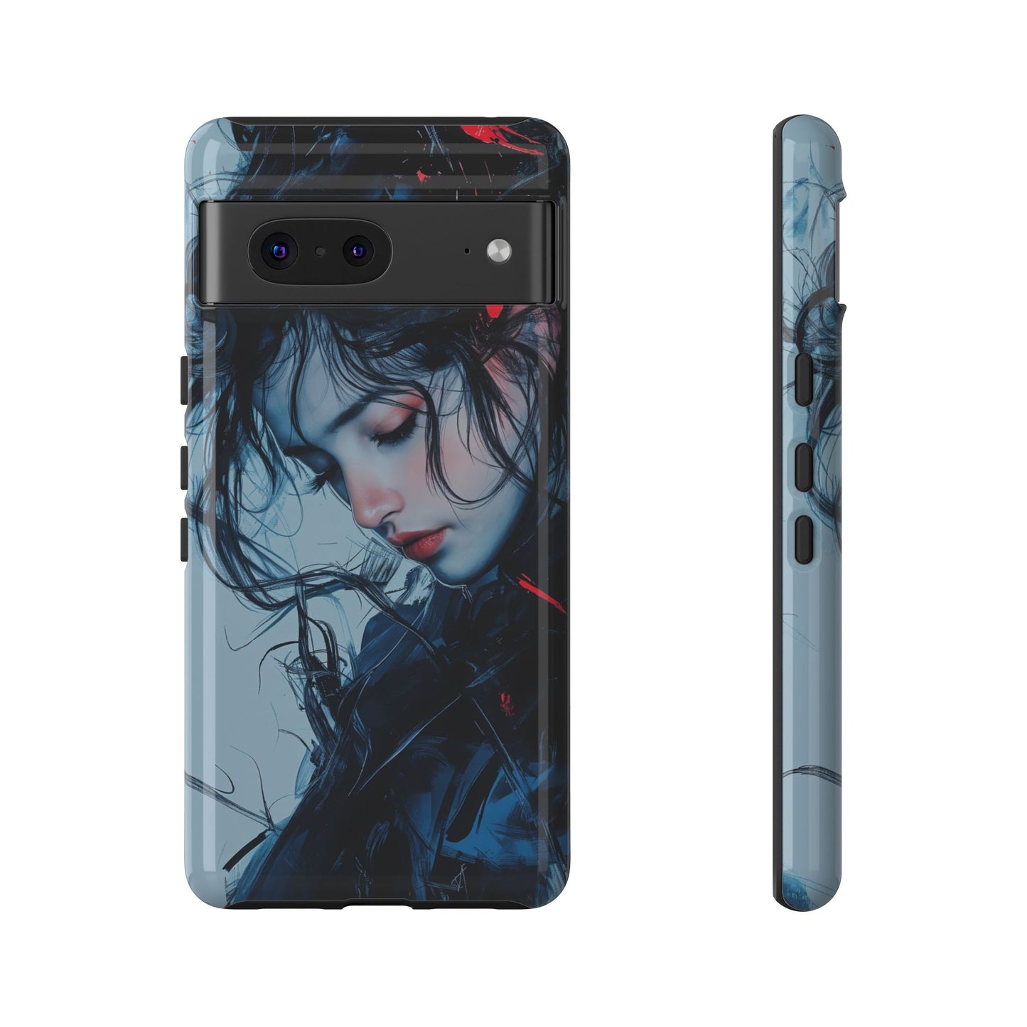 Protective Phone Case – Dual Layer Blue & Red Abstract Portrait Design