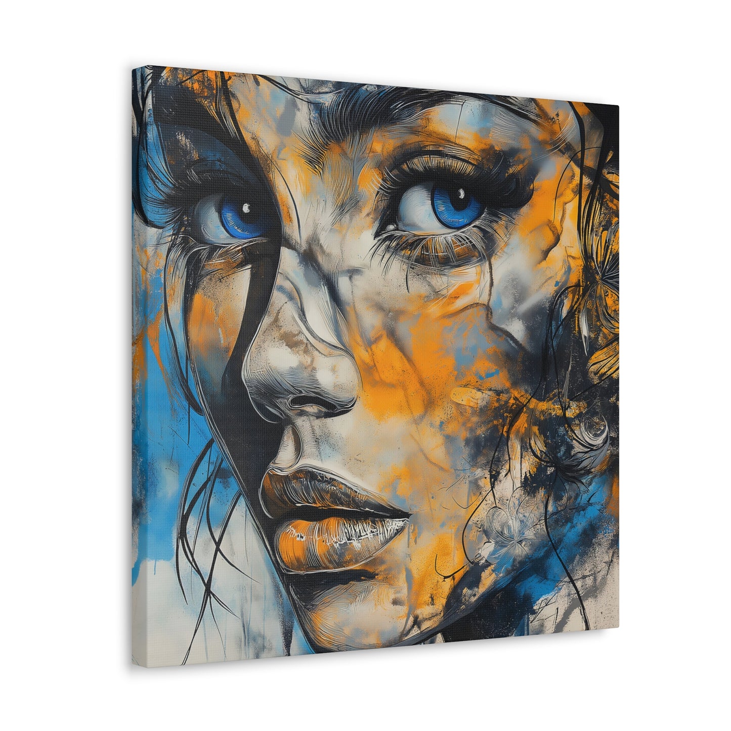 Vibrant Gaze: Blue and Gold Abstract Portrait – Canvas Gallery Wrap