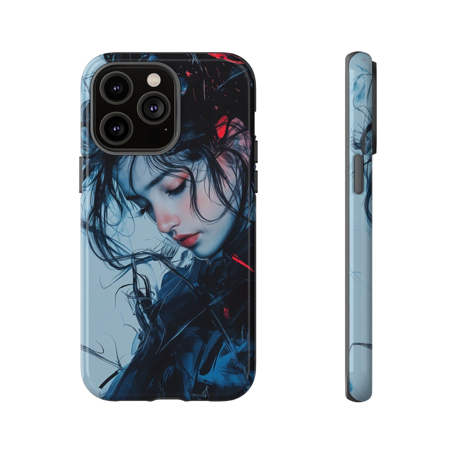 Protective Phone Case – Dual Layer Blue & Red Abstract Portrait Design