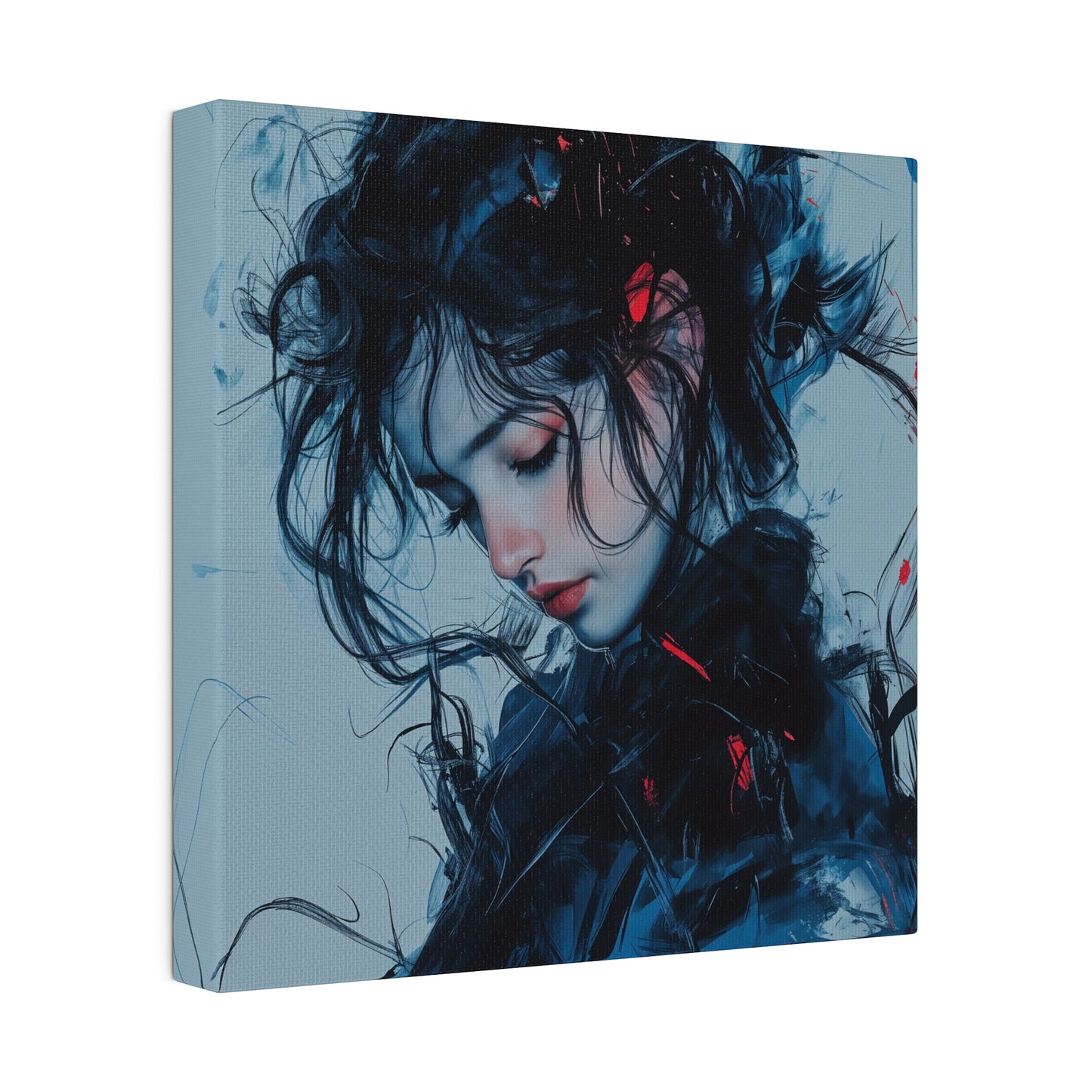 Serenity in Motion: Abstract Blue and Red Portrait Canvas