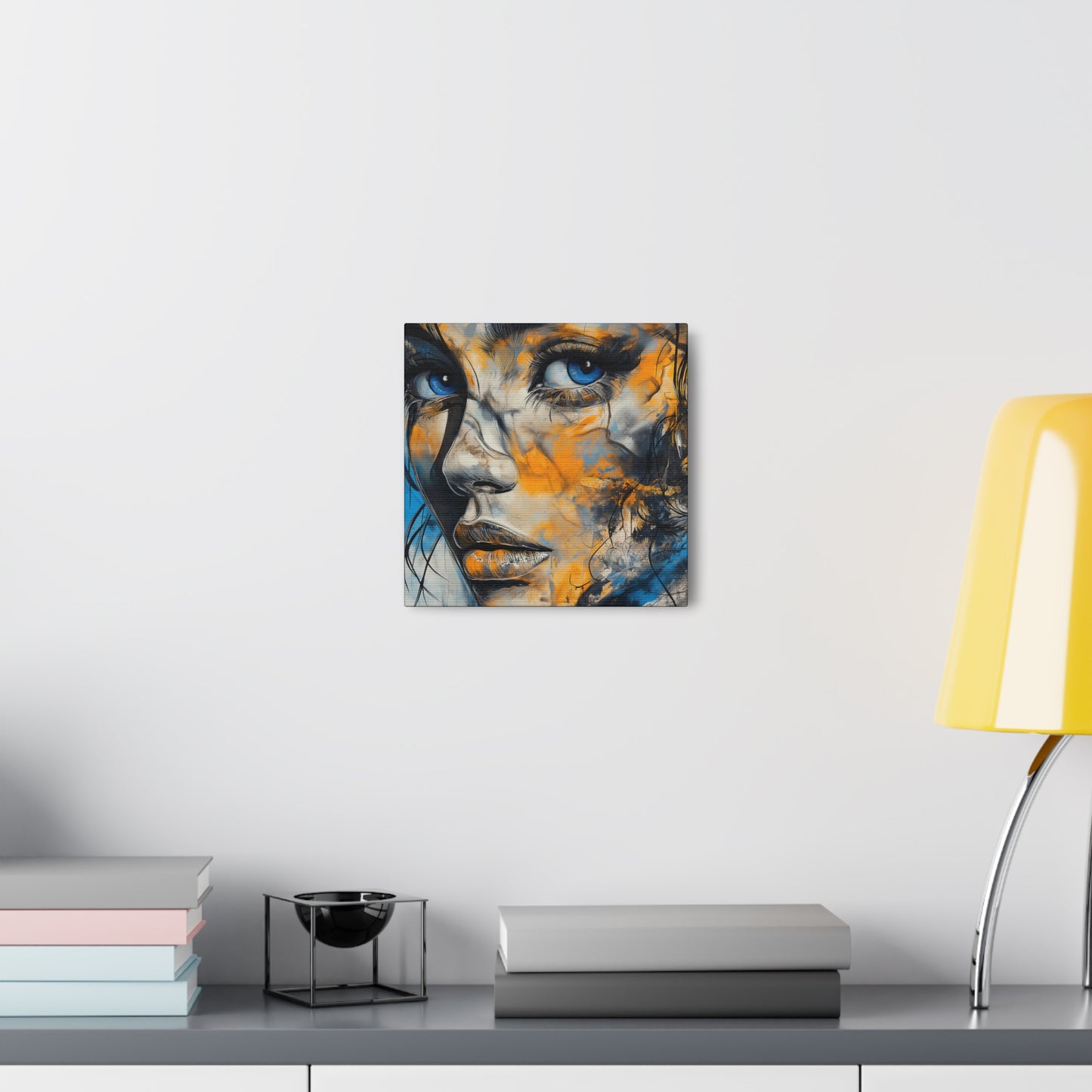 Vibrant Gaze: Blue and Gold Abstract Portrait – Canvas Gallery Wrap