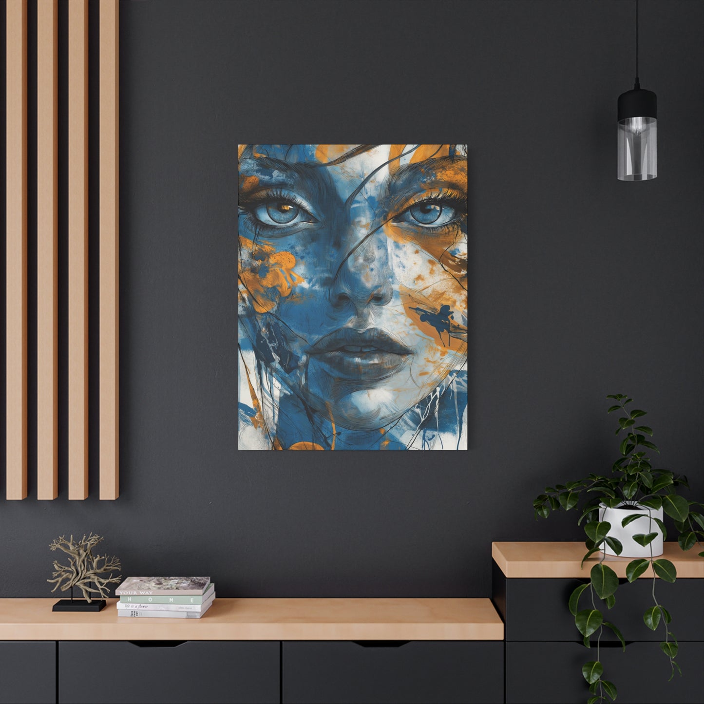 Echoes of Serenity: Blue and Orange Abstract Portrait Canvas