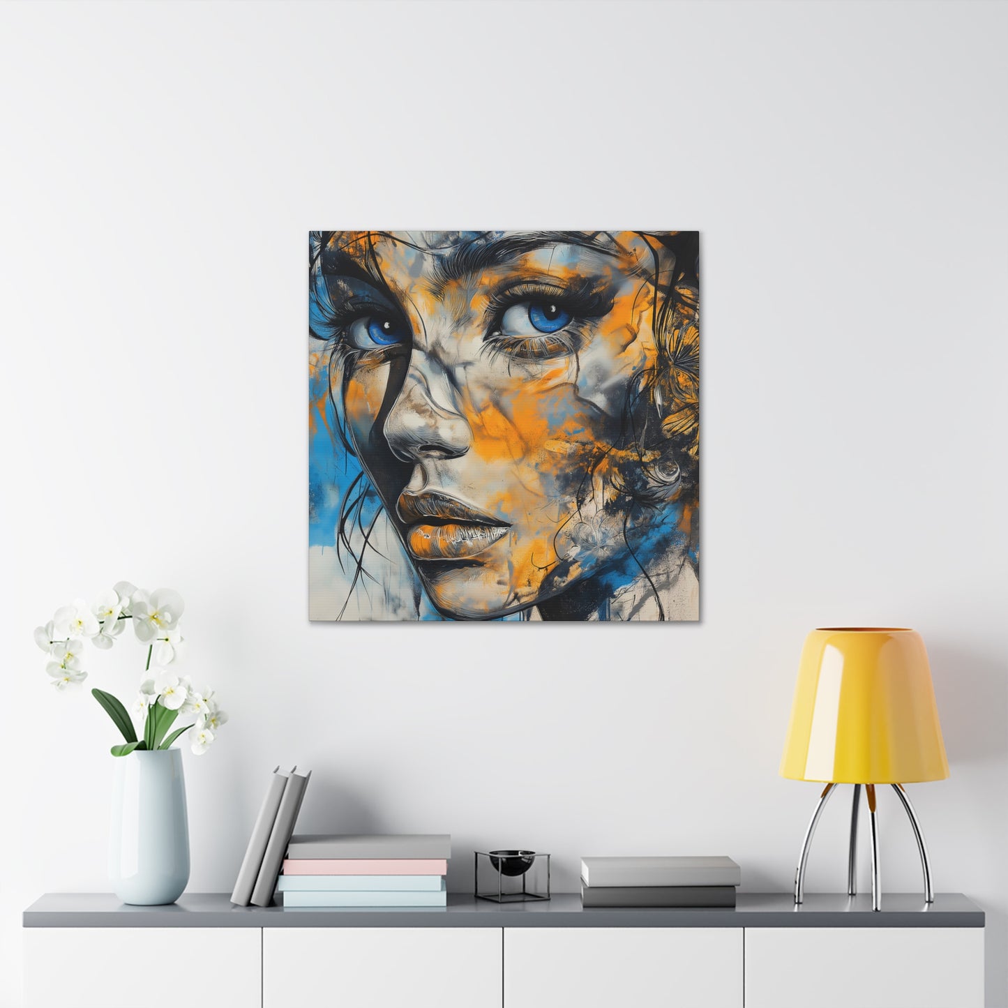 Vibrant Gaze: Blue and Gold Abstract Portrait – Canvas Gallery Wrap