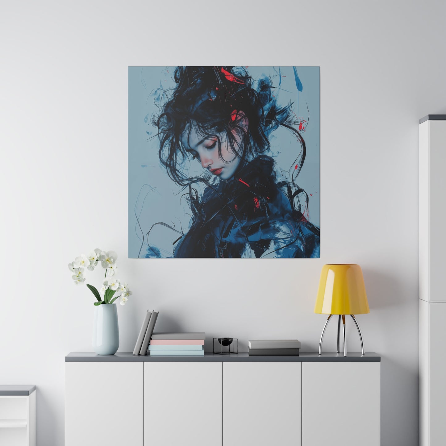 Serenity in Motion: Abstract Blue and Red Portrait Canvas