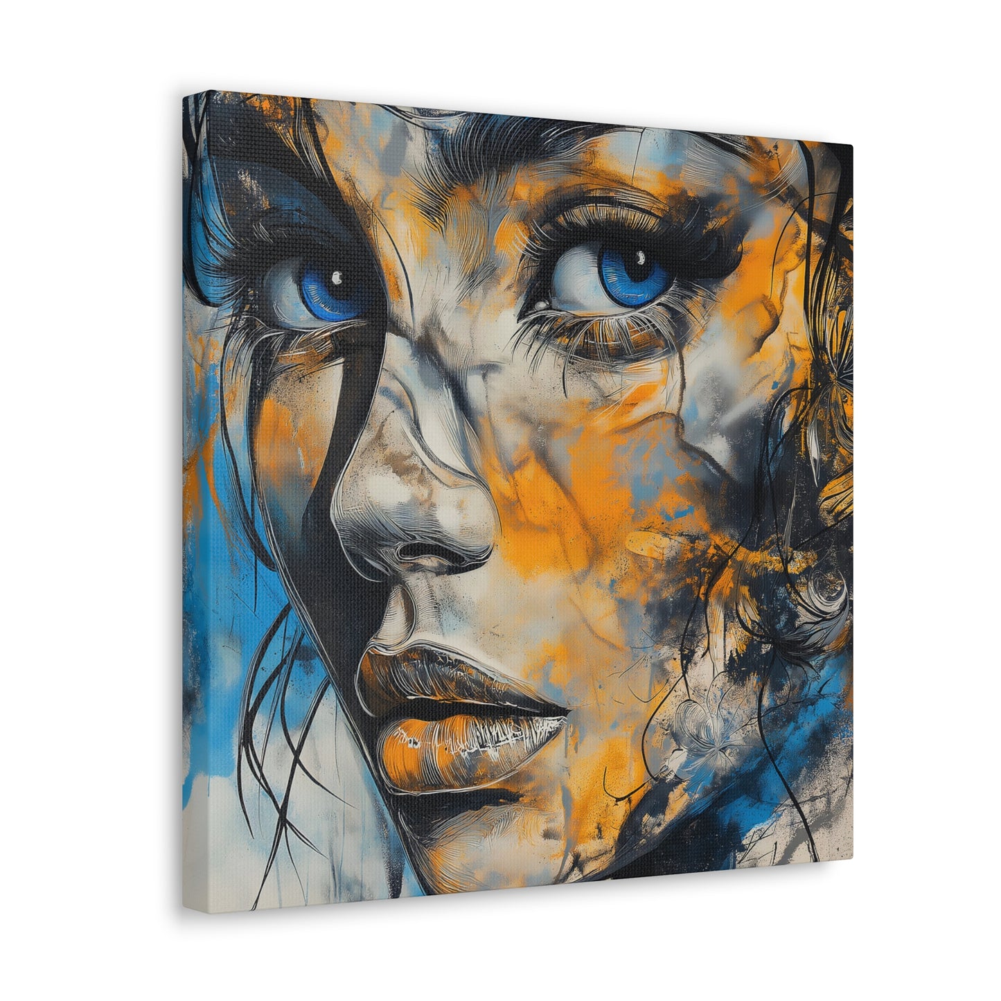 Vibrant Gaze: Blue and Gold Abstract Portrait – Canvas Gallery Wrap