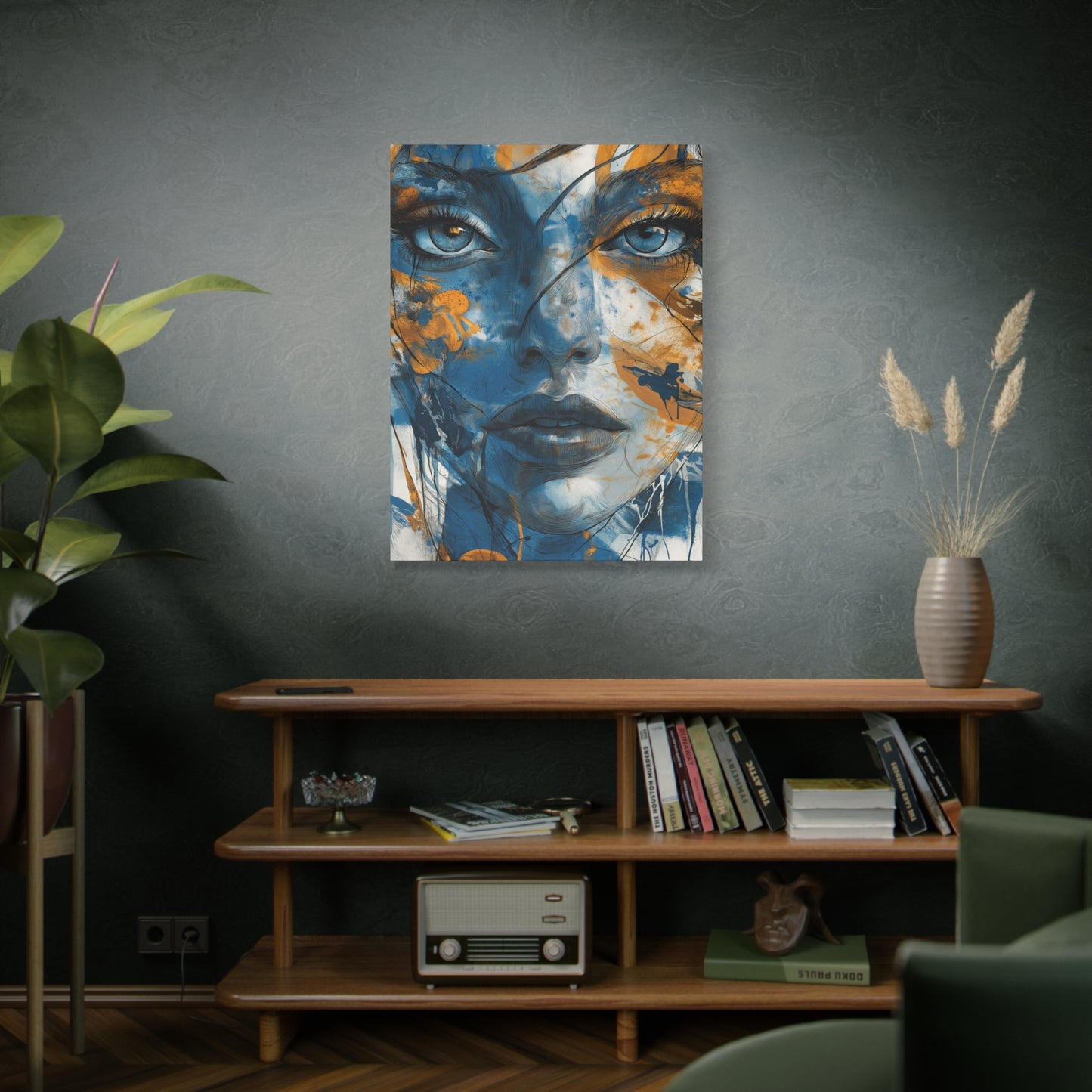 Echoes of Serenity: Blue and Orange Abstract Portrait Canvas