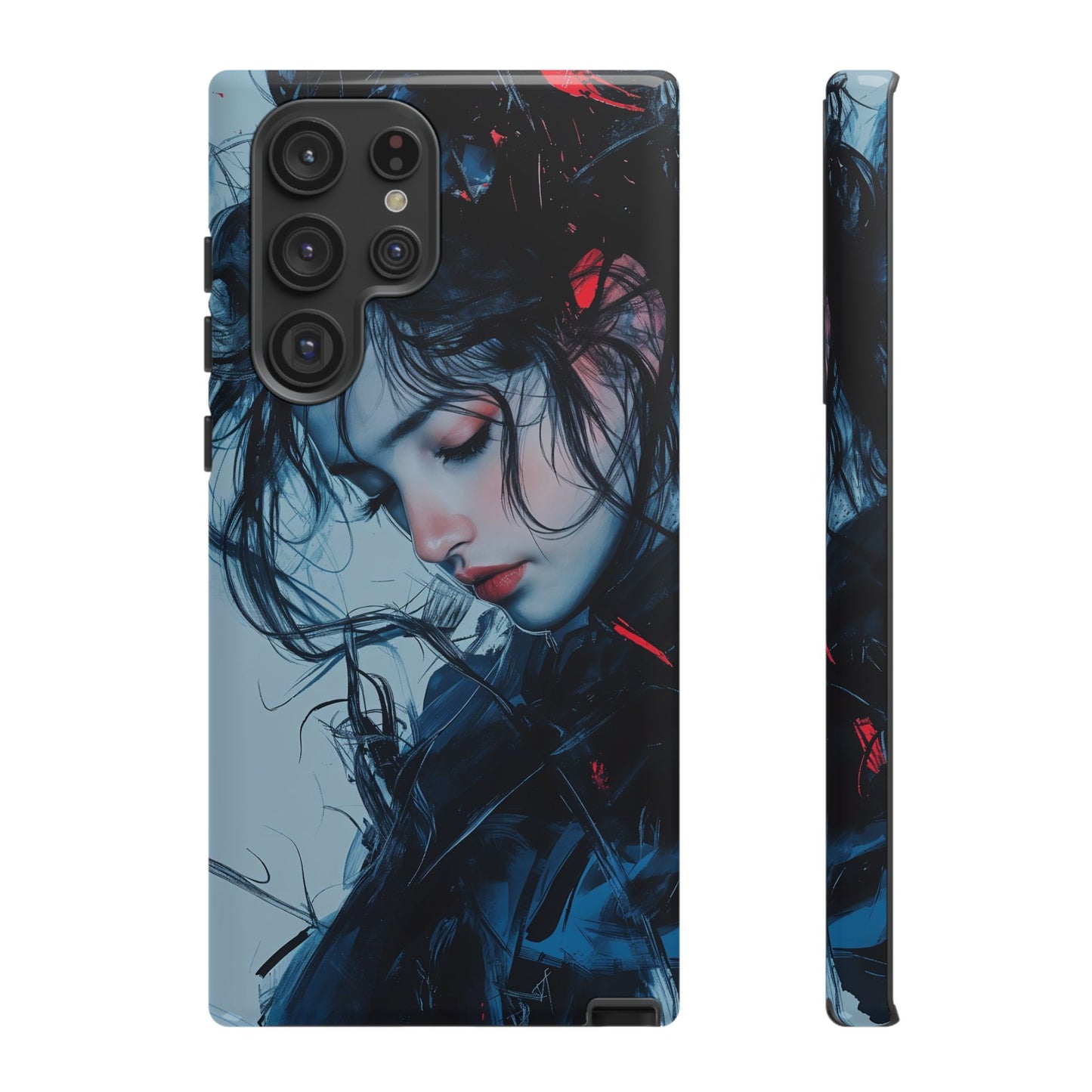 Protective Phone Case – Dual Layer Blue & Red Abstract Portrait Design