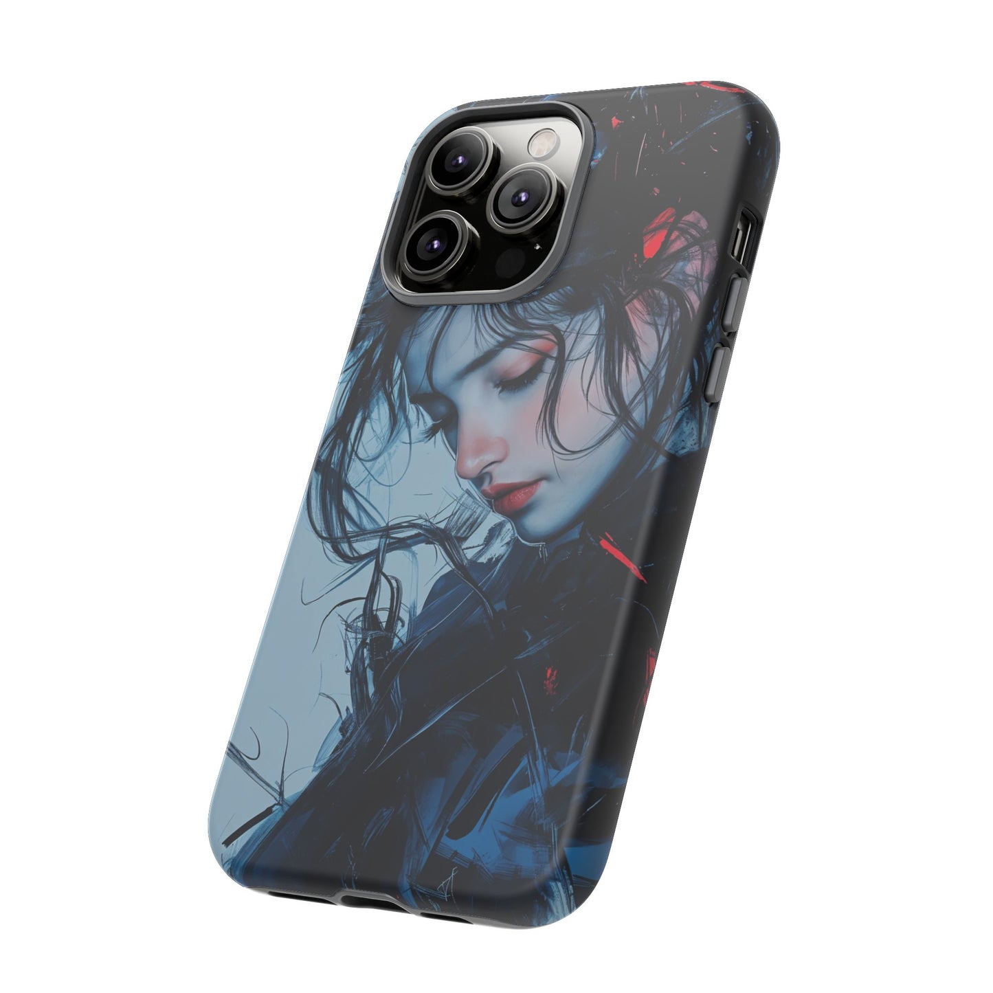 Protective Phone Case – Dual Layer Blue & Red Abstract Portrait Design