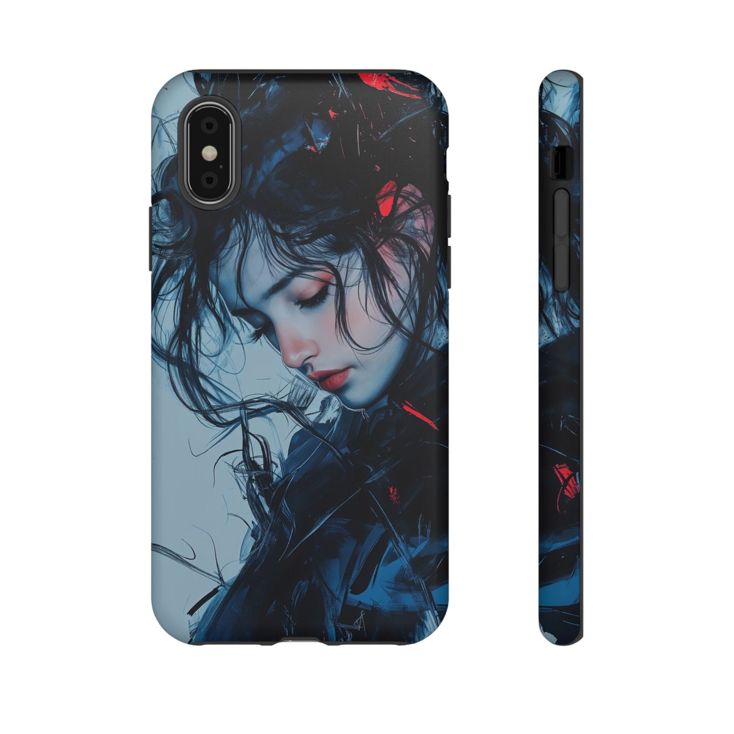 Protective Phone Case – Dual Layer Blue & Red Abstract Portrait Design