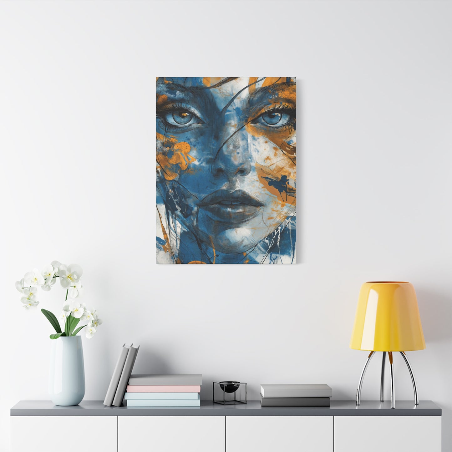 Echoes of Serenity: Blue and Orange Abstract Portrait Canvas