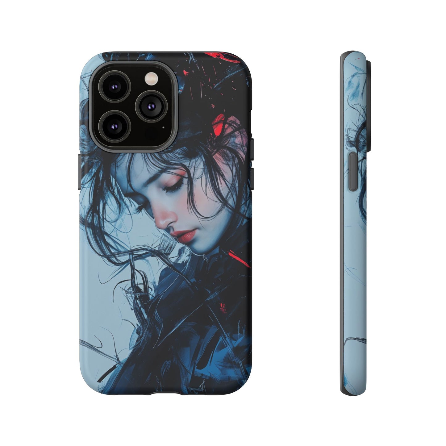 Protective Phone Case – Dual Layer Blue & Red Abstract Portrait Design