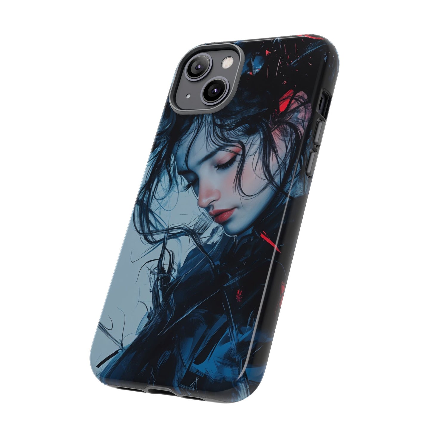 Protective Phone Case – Dual Layer Blue & Red Abstract Portrait Design