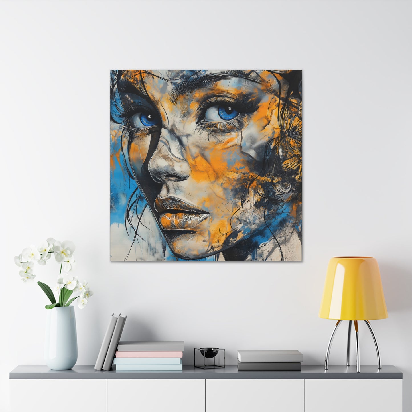 Vibrant Gaze: Blue and Gold Abstract Portrait – Canvas Gallery Wrap