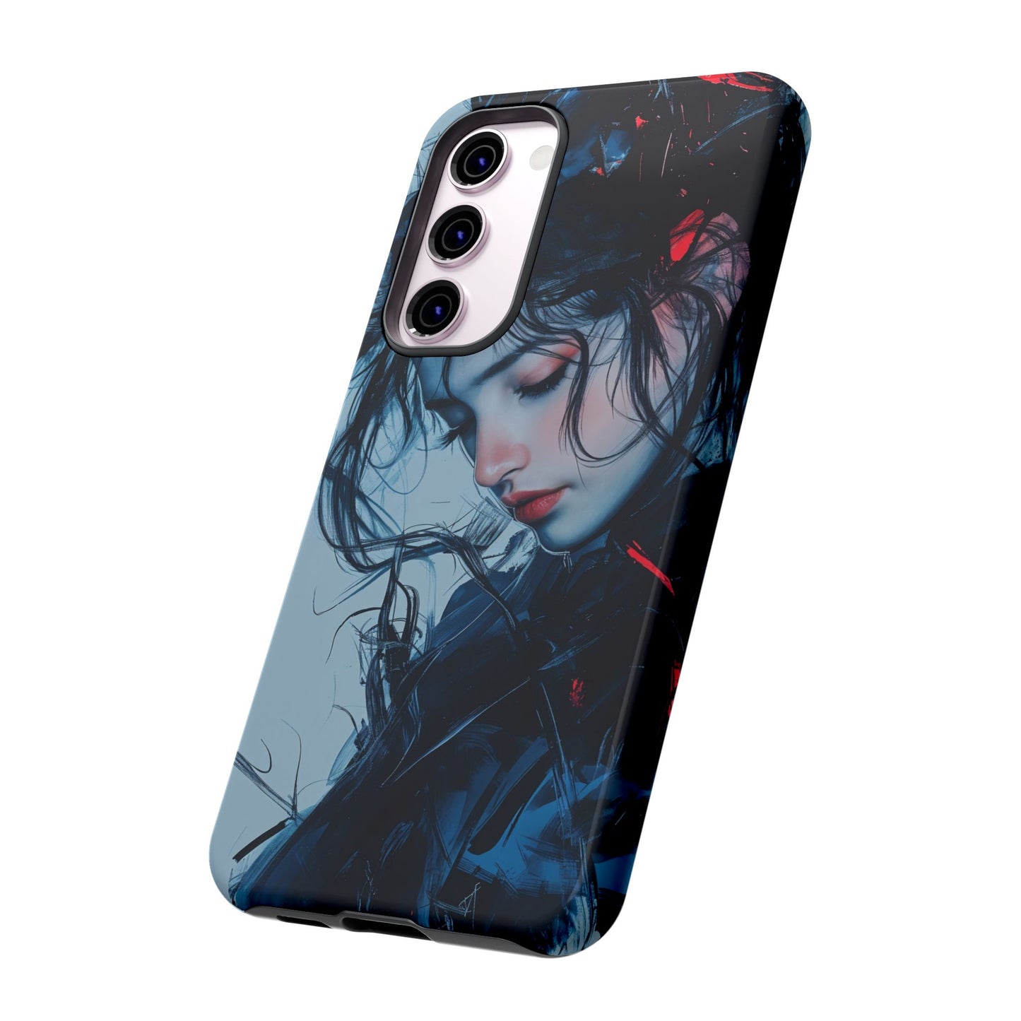 Protective Phone Case – Dual Layer Blue & Red Abstract Portrait Design