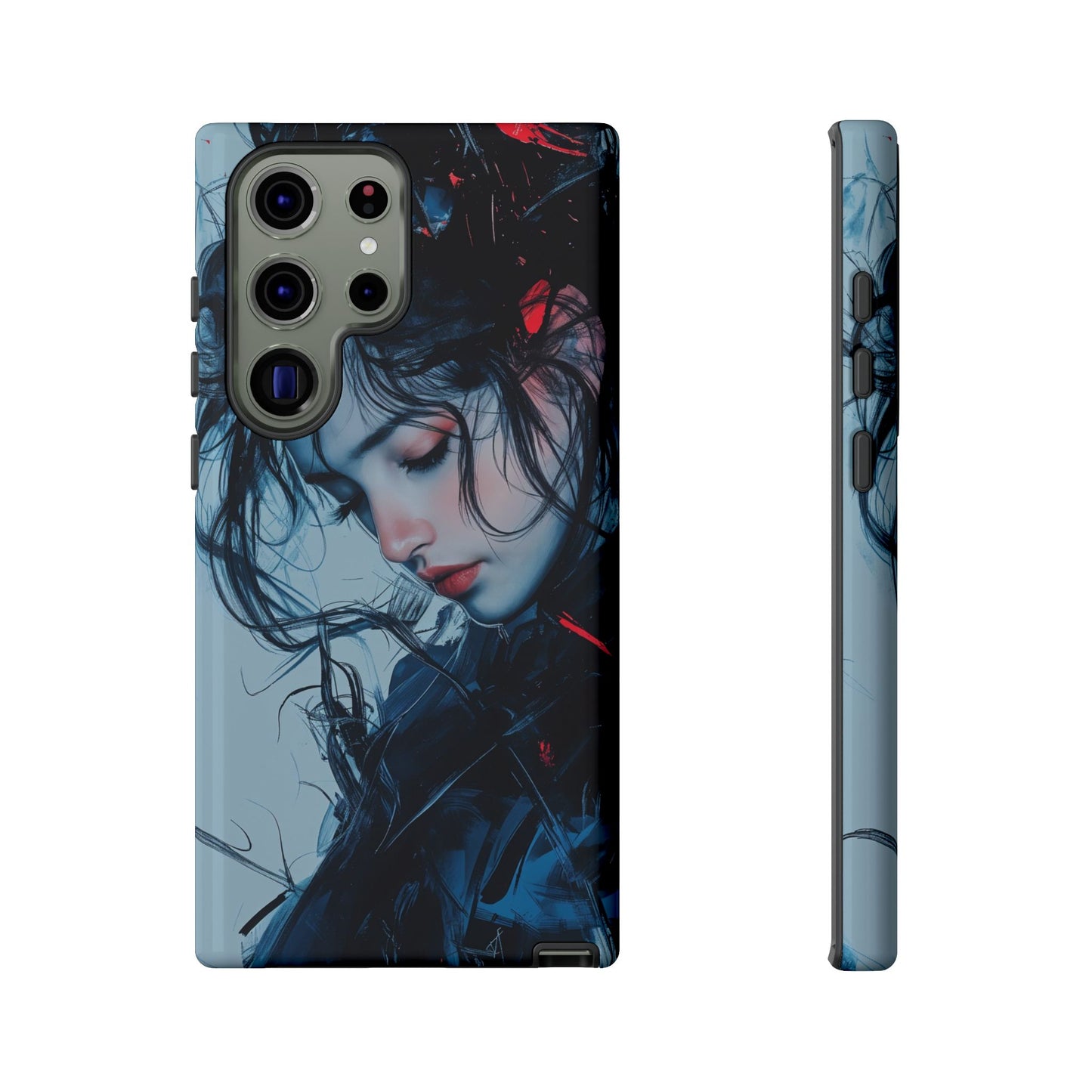 Protective Phone Case – Dual Layer Blue & Red Abstract Portrait Design