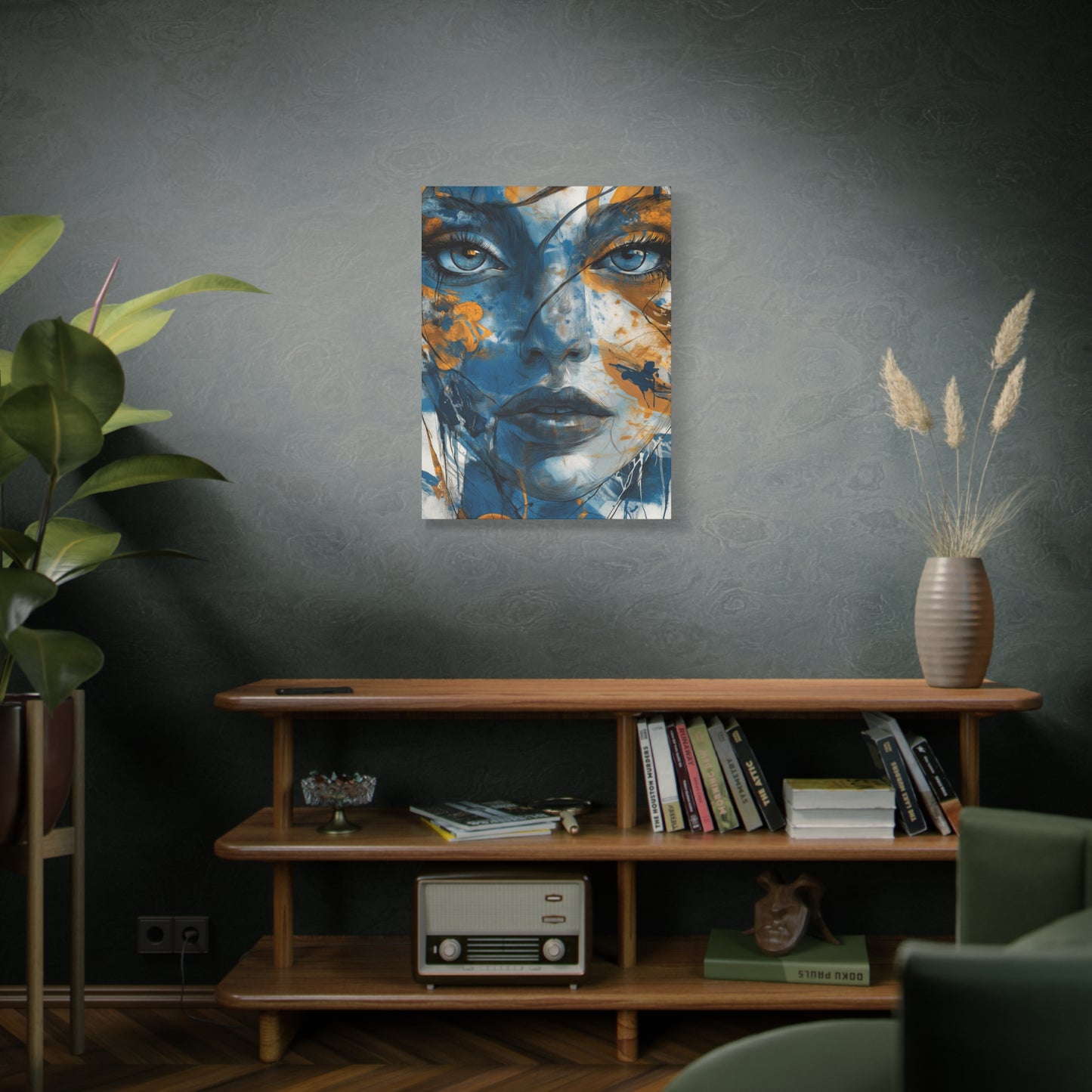 Echoes of Serenity: Blue and Orange Abstract Portrait Canvas