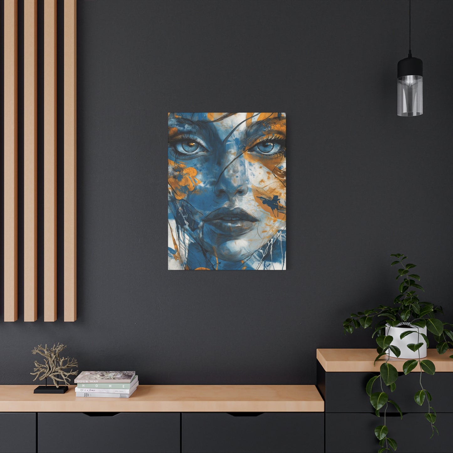 Echoes of Serenity: Blue and Orange Abstract Portrait Canvas