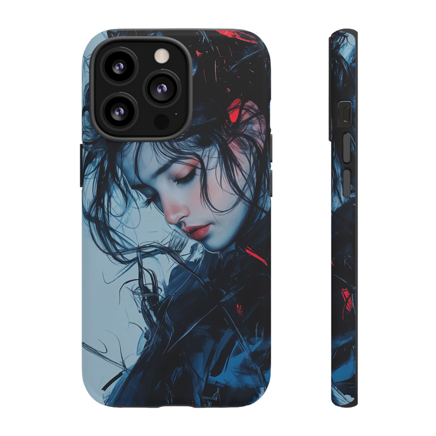 Protective Phone Case – Dual Layer Blue & Red Abstract Portrait Design