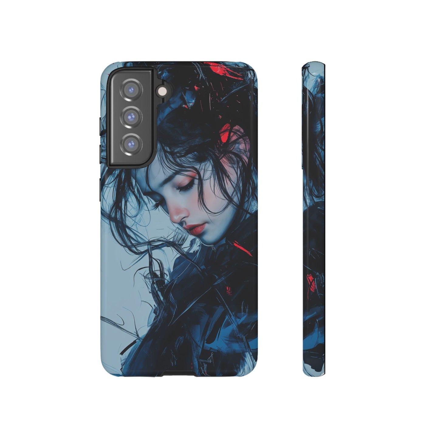 Protective Phone Case – Dual Layer Blue & Red Abstract Portrait Design