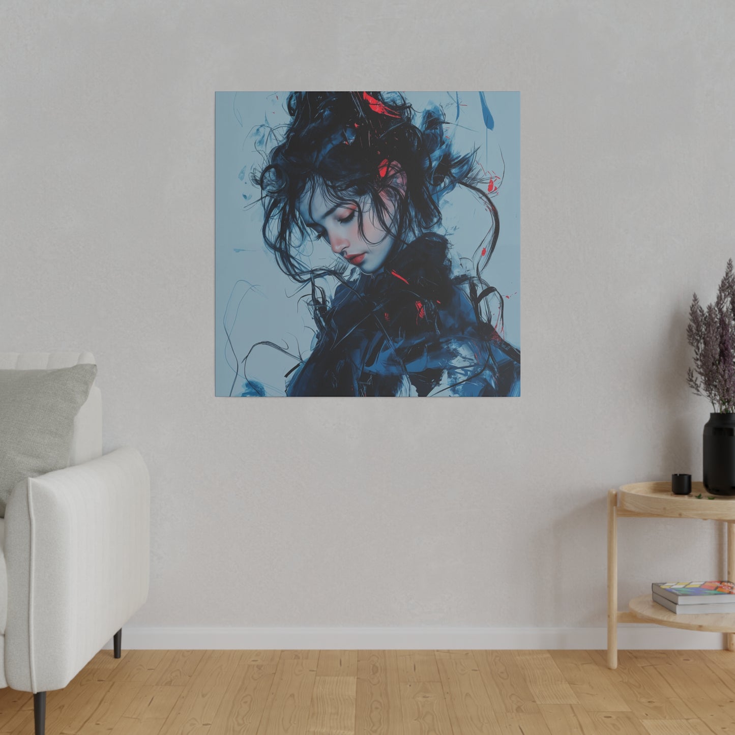 Serenity in Motion: Abstract Blue and Red Portrait Canvas