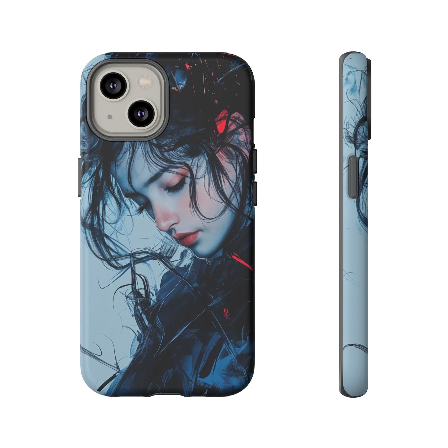 Protective Phone Case – Dual Layer Blue & Red Abstract Portrait Design