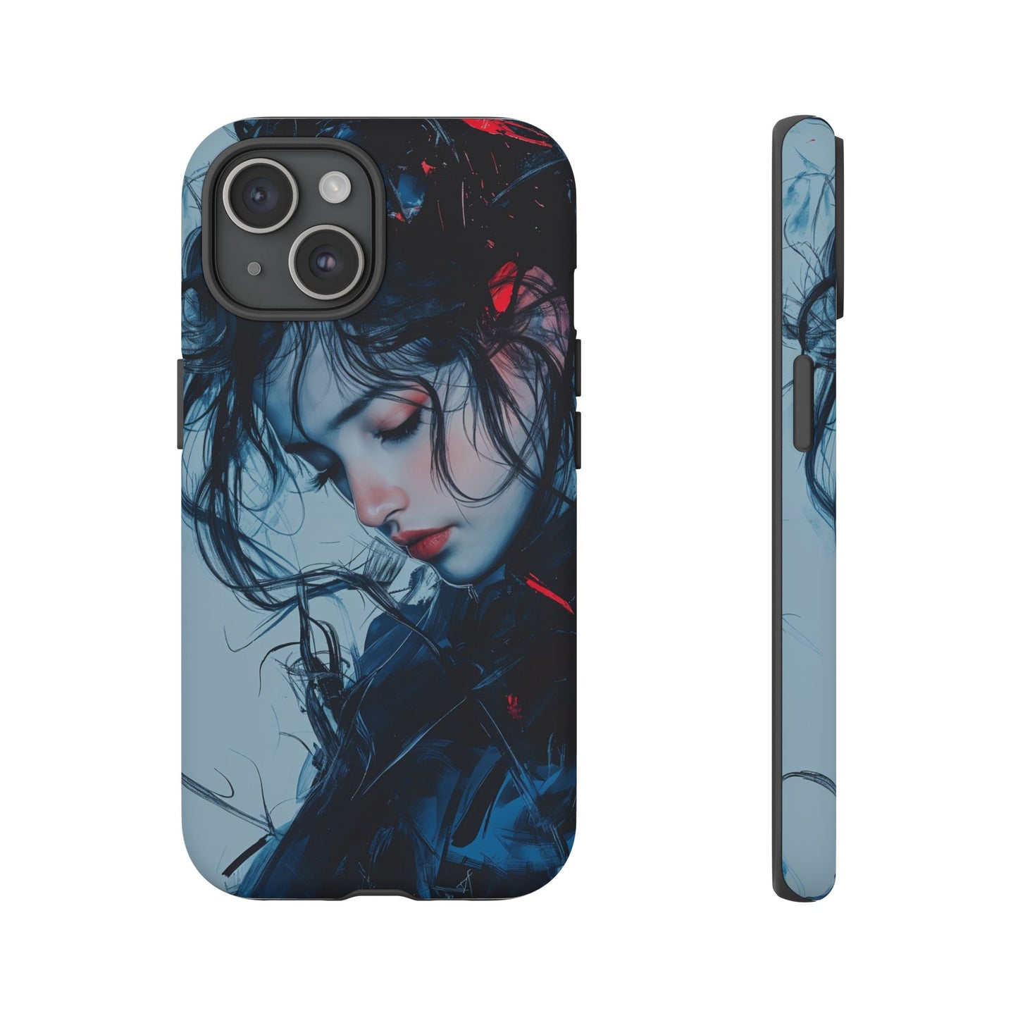 Protective Phone Case – Dual Layer Blue & Red Abstract Portrait Design