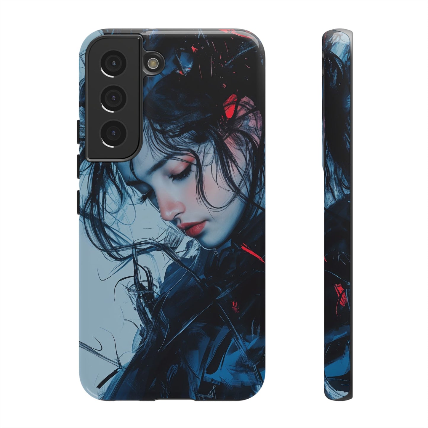 Protective Phone Case – Dual Layer Blue & Red Abstract Portrait Design