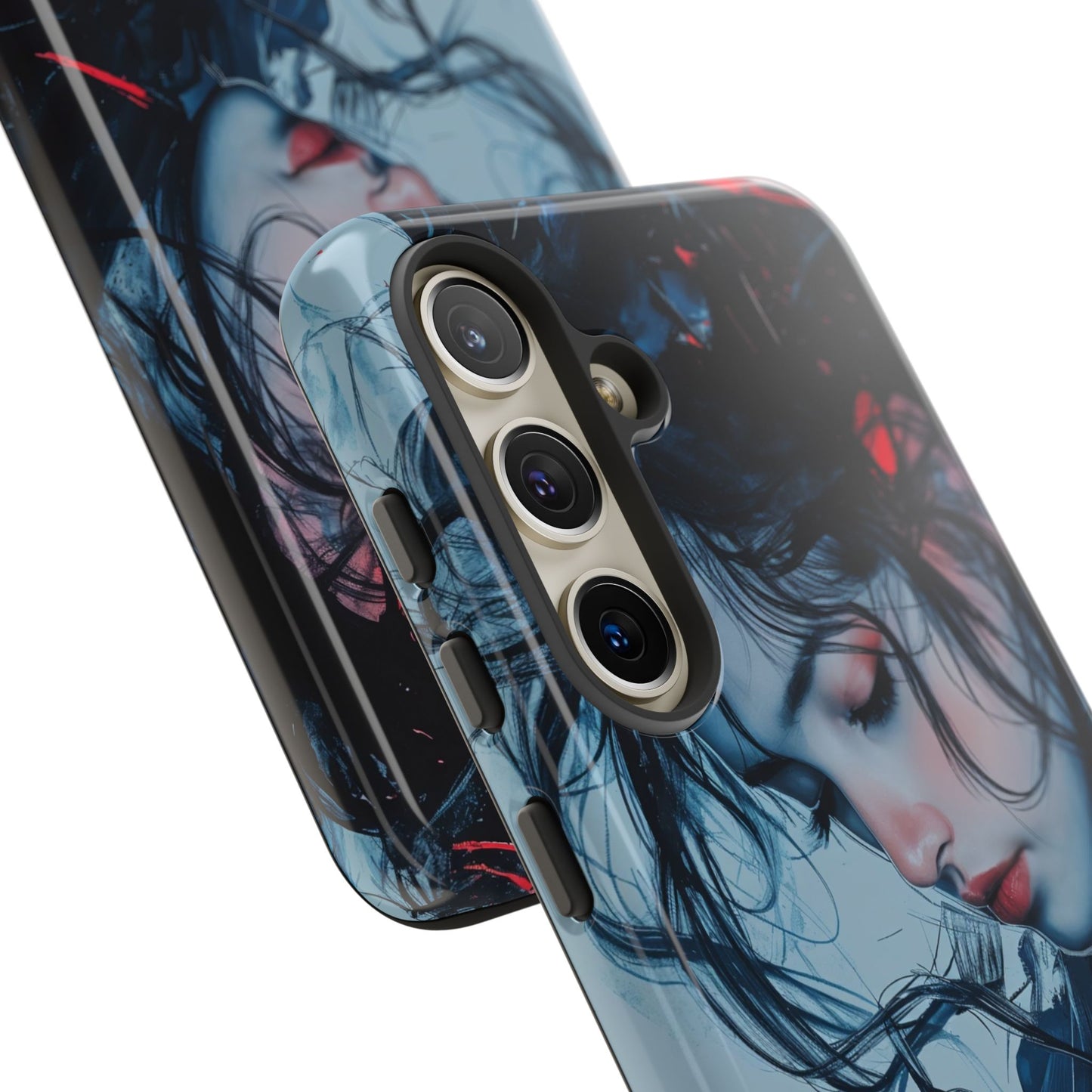 Protective Phone Case – Dual Layer Blue & Red Abstract Portrait Design