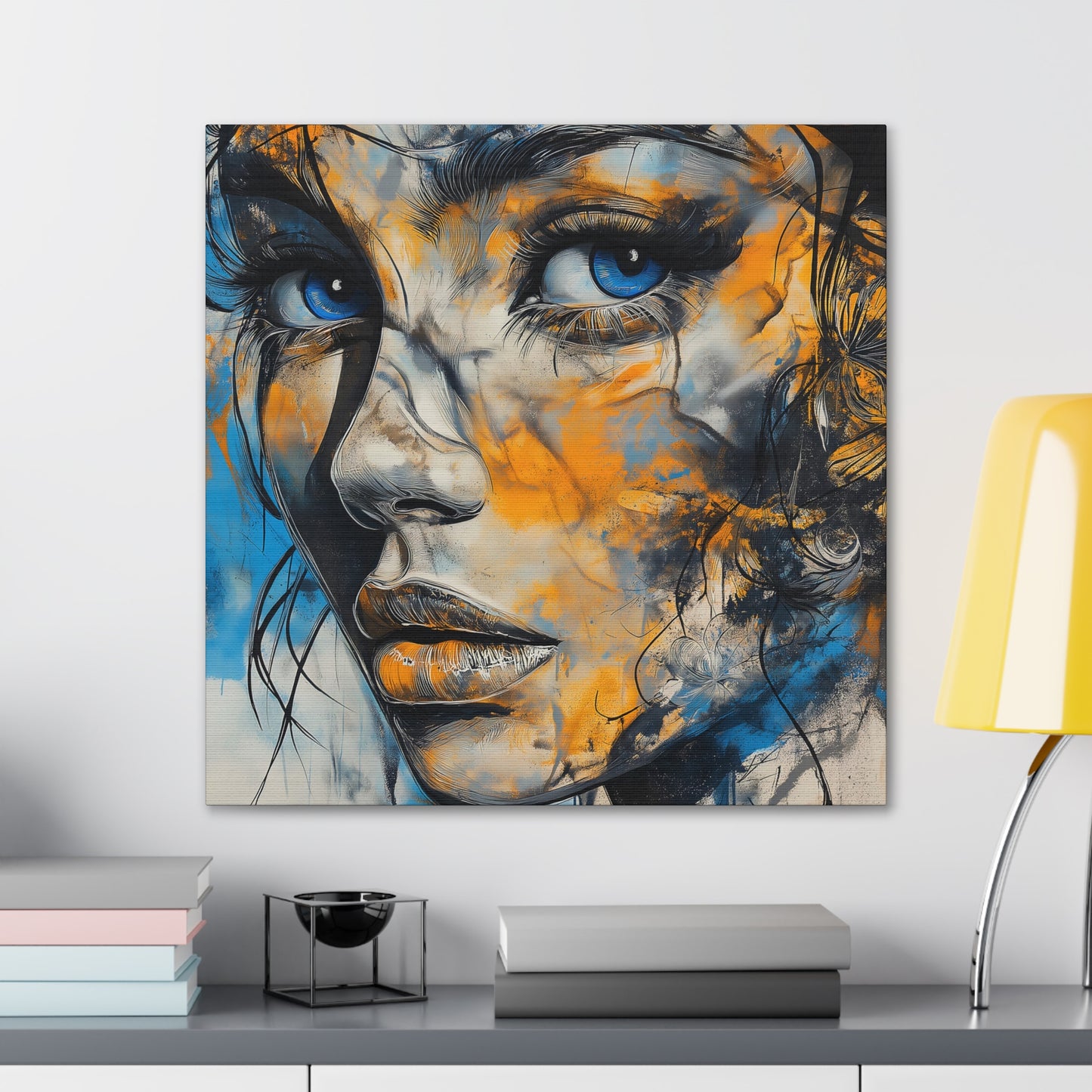 Vibrant Gaze: Blue and Gold Abstract Portrait – Canvas Gallery Wrap